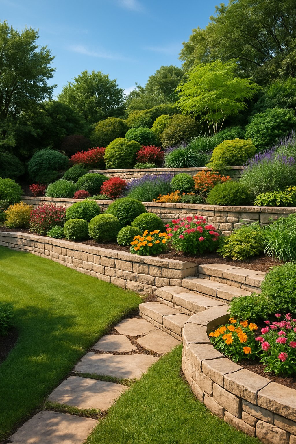 A sloped backyard with low stone retaining walls forming terraced plant beds filled with various green plants and flowers, surrounded by grass and stone pathways.