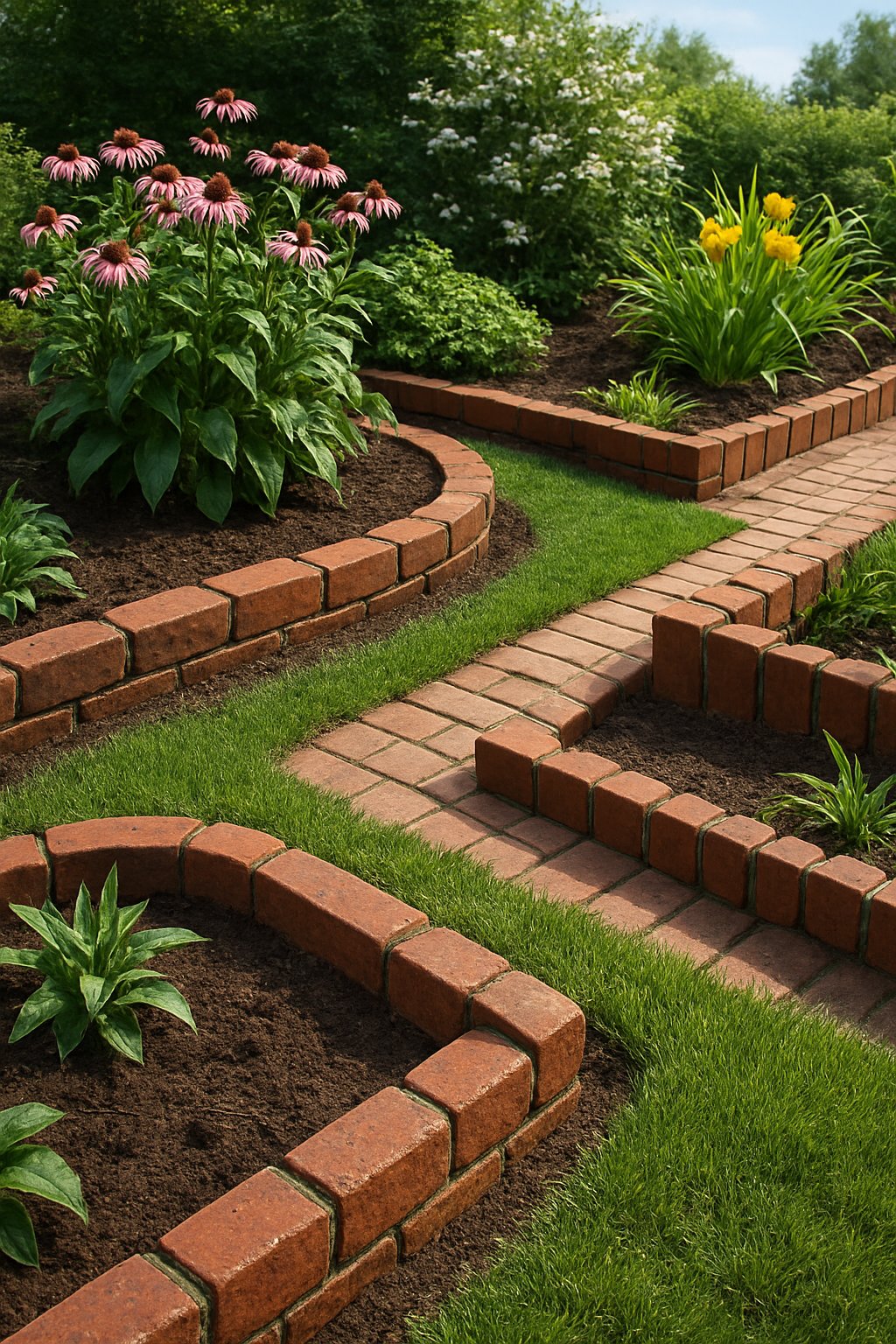A garden with neatly arranged red brick borders edging flower beds and pathways, surrounded by green plants and colorful flowers.