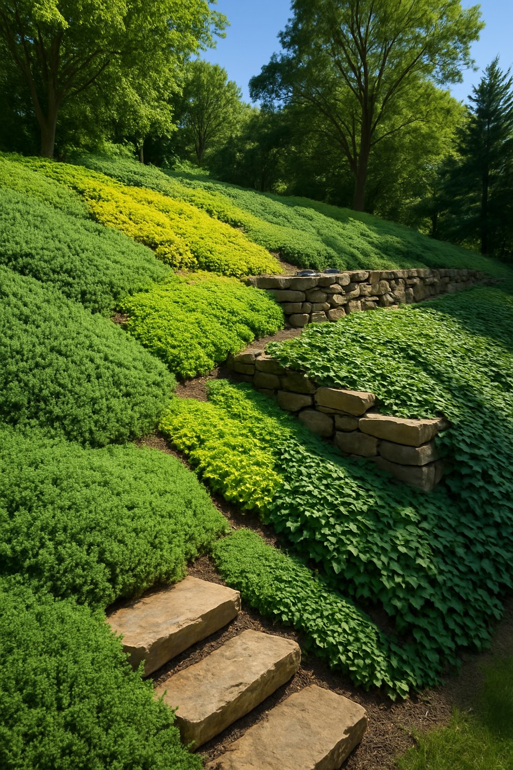 A sloped backyard covered with dense green groundcover plants and natural stone pathways, designed to prevent soil erosion.