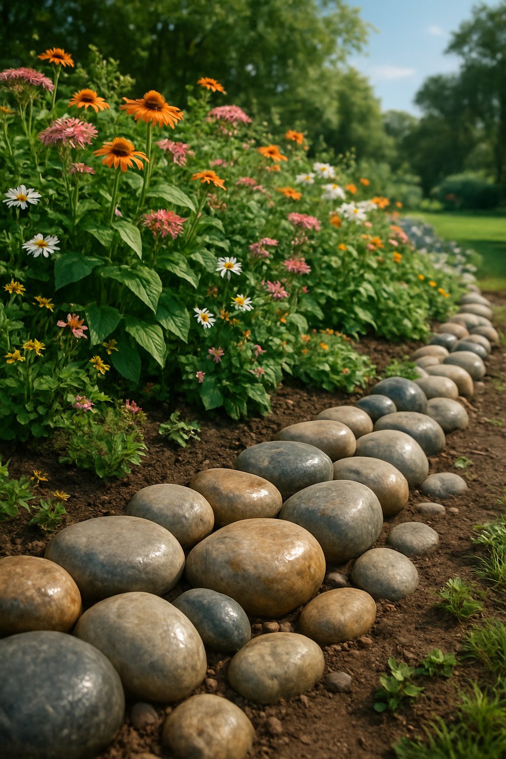 A garden bed bordered by smooth river rocks with green plants and flowers growing inside, set in a natural outdoor environment.