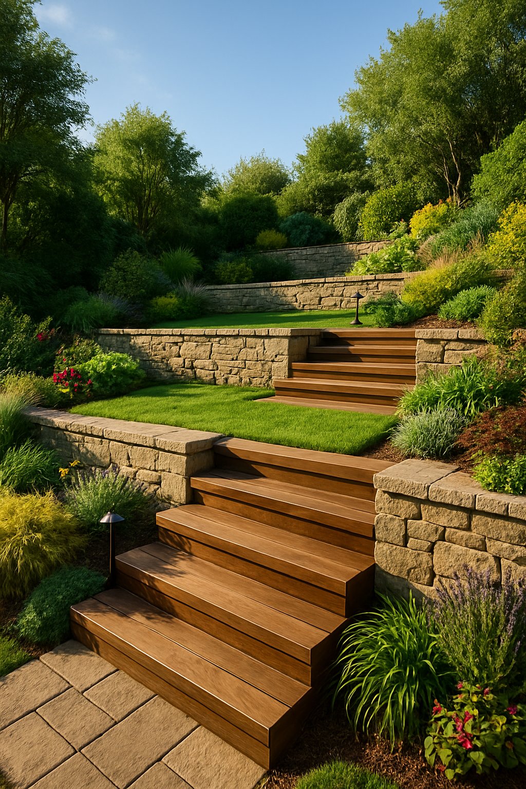 A sloped backyard with terraced stone and wooden steps surrounded by greenery and plants.