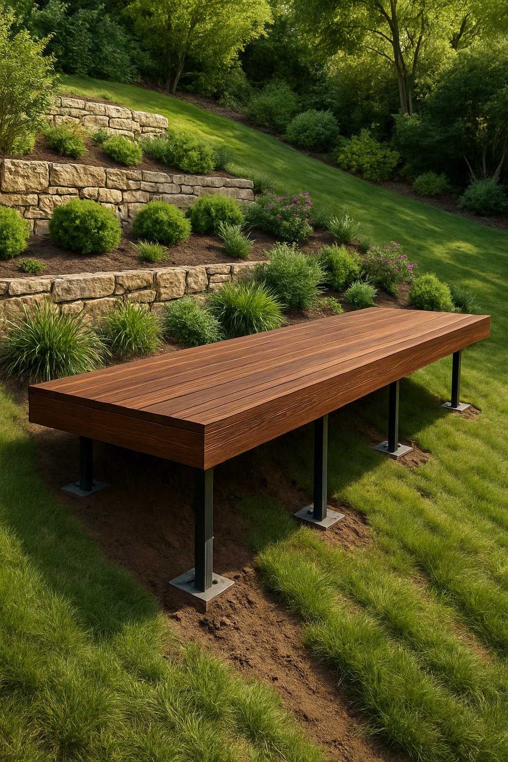 A backyard with a sloped hillside featuring a floating wooden deck supported by metal beams, surrounded by greenery and landscaping plants.