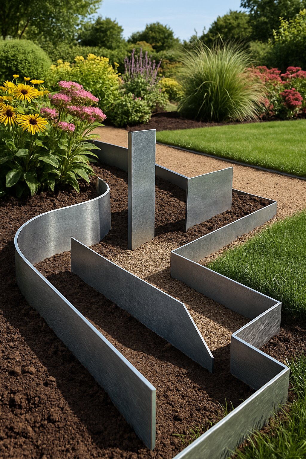 A garden scene showing different metal edging strips outlining flower beds and pathways surrounded by plants and flowers.