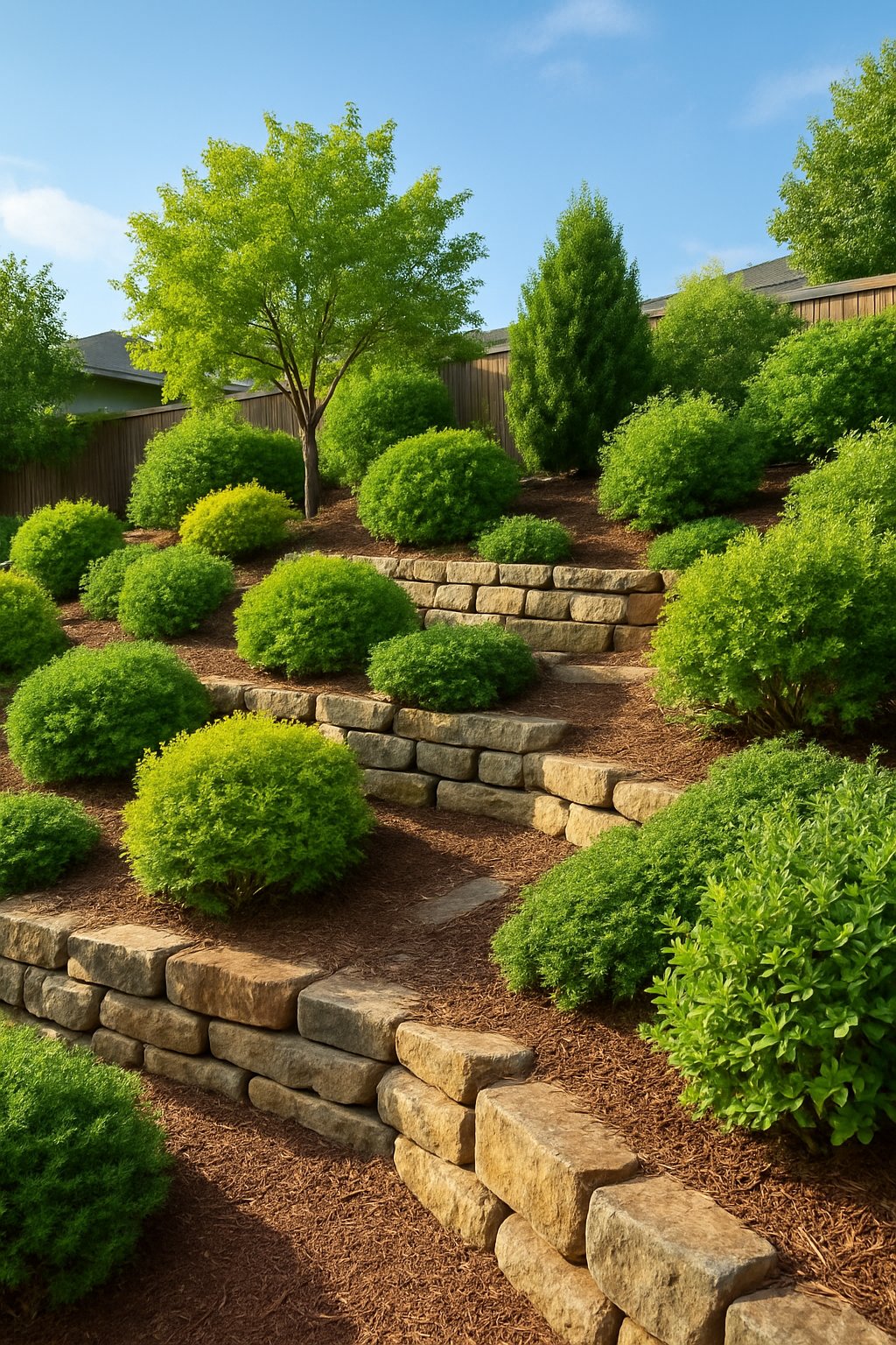 A sloped backyard landscaped with a mix of shrubs and small trees arranged along terraced stone walls and natural pathways.