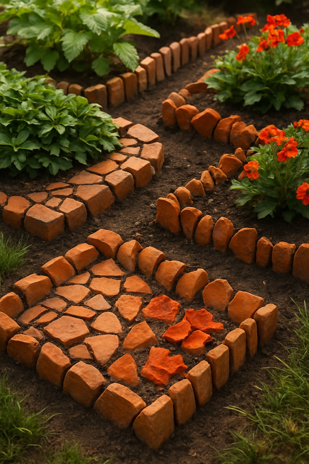 A garden with several flower beds bordered by creative arrangements of broken terracotta pot pieces forming decorative edging.