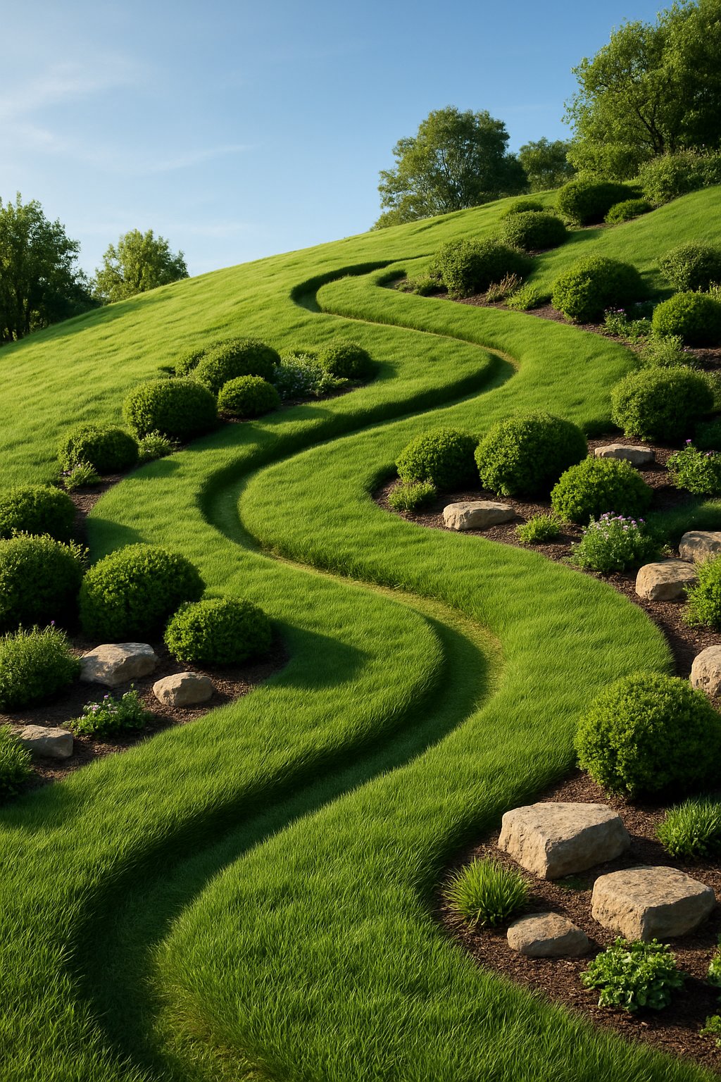 A sloped backyard with winding grassy paths surrounded by shrubs and plants on a sunny day.