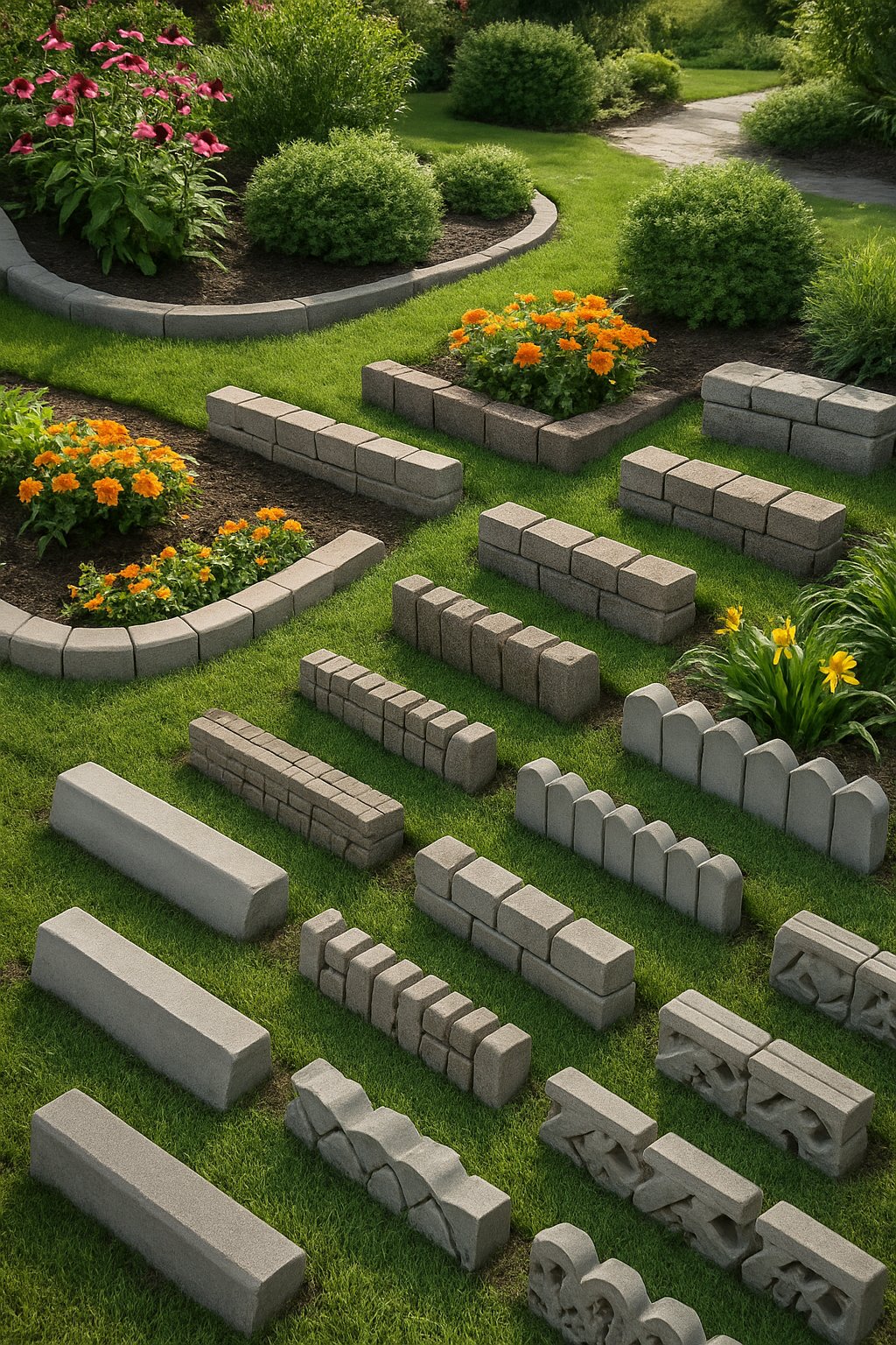A garden scene showing 24 different concrete landscape edging designs surrounding flower beds and grassy areas.