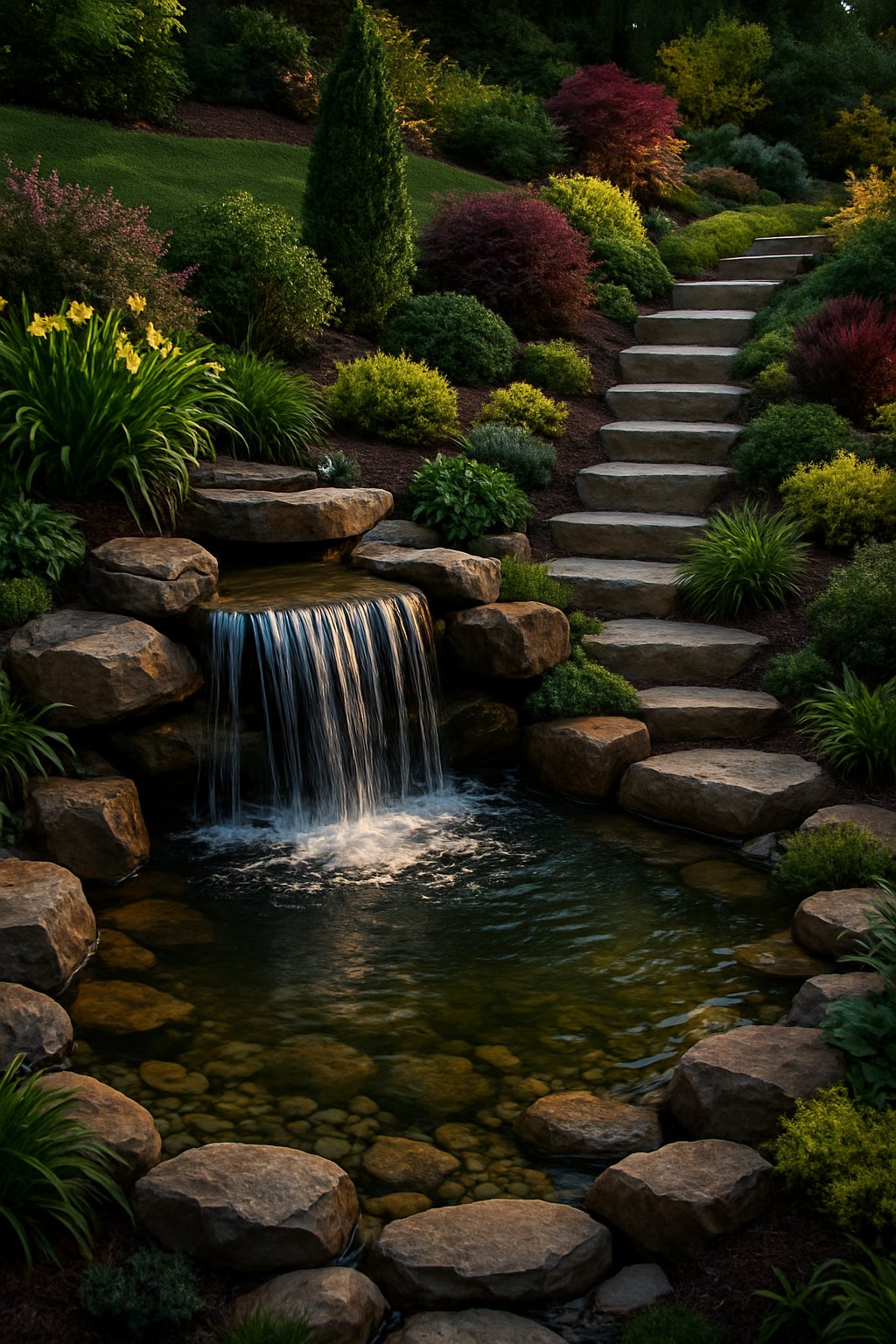 A backyard with a small waterfall flowing over rocks into a pond, surrounded by green grass, plants, and stone steps on a gentle slope.