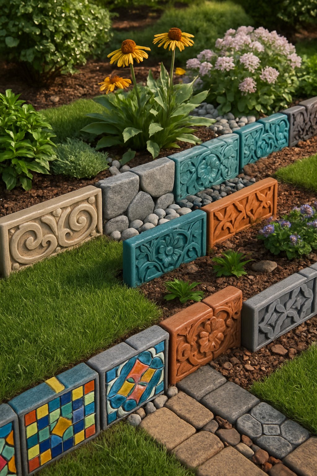A garden scene showing various decorative tiles used as edging along flower beds and pathways surrounded by green grass and plants.