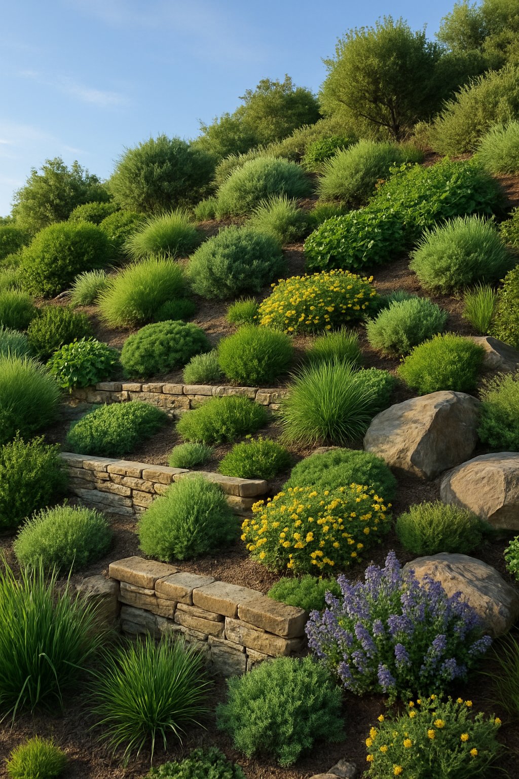 A sloped backyard landscaped with native shrubs, grasses, and flowering plants, featuring stone terraces and natural rock formations under clear daylight.