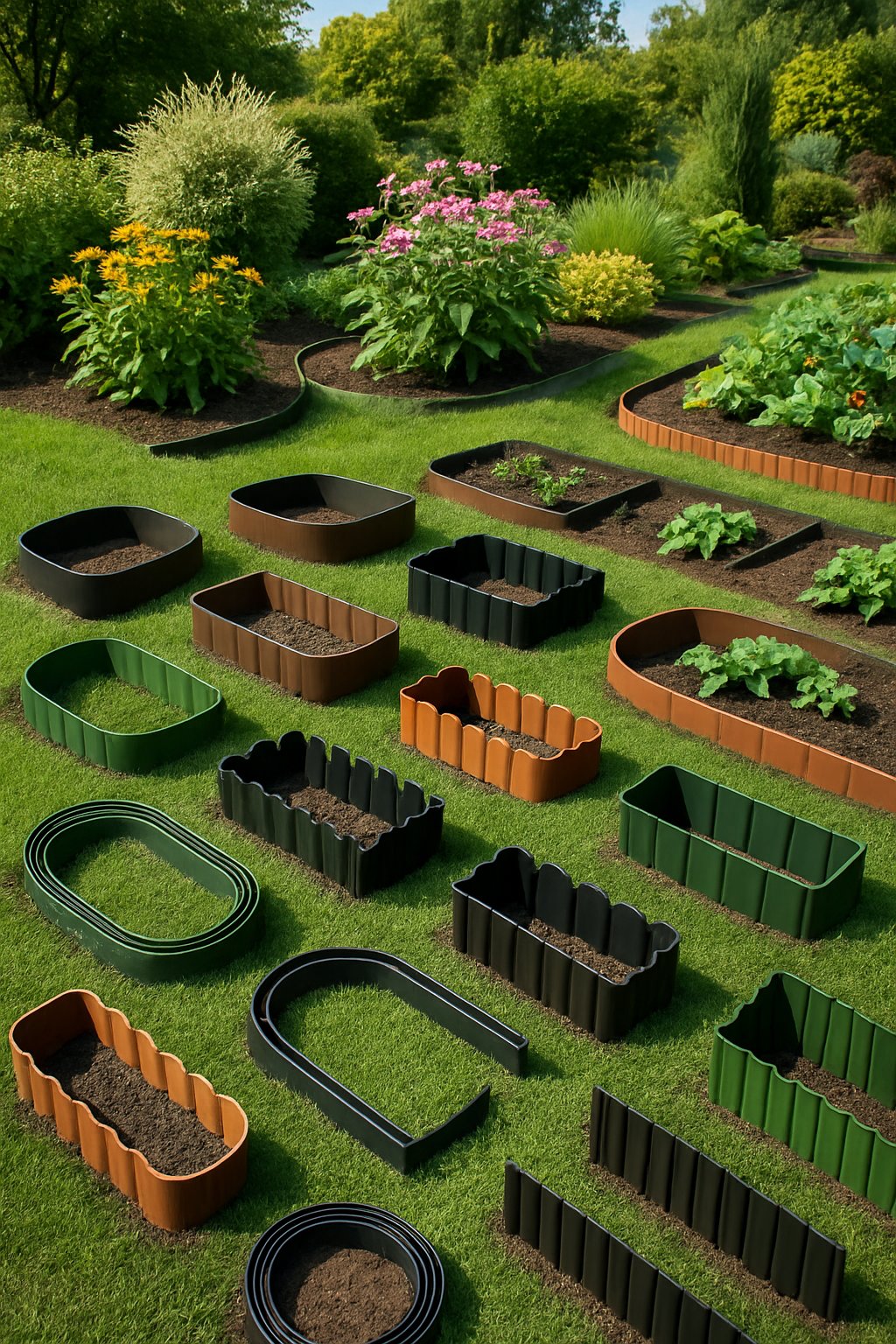 A garden scene showing 24 different plastic landscape edging designs surrounding flower beds, pathways, and grassy areas with various plants and flowers.