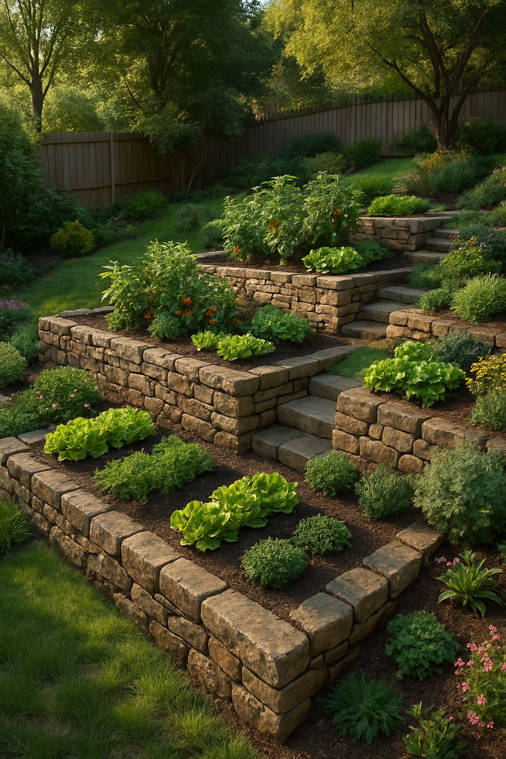 A sloped backyard with multiple stone terraces featuring raised vegetable garden beds filled with various healthy plants and surrounded by grass and trees.