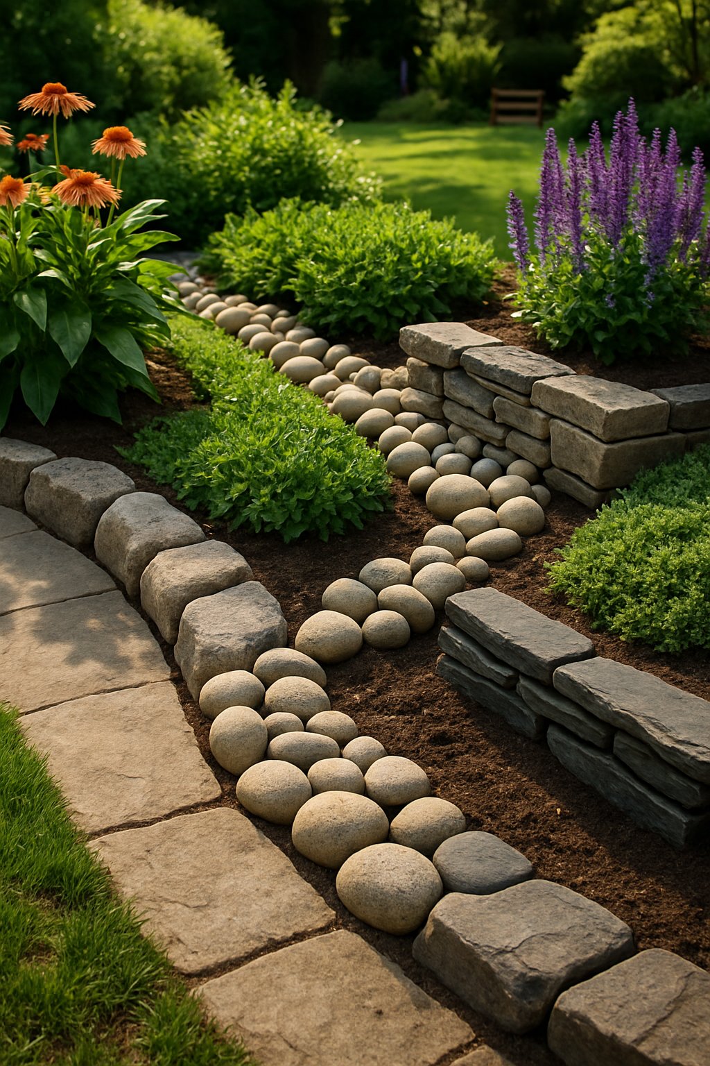 A garden with various natural stone pavers used as edging around vibrant flower beds and green plants, surrounded by trimmed grass and garden shrubs.
