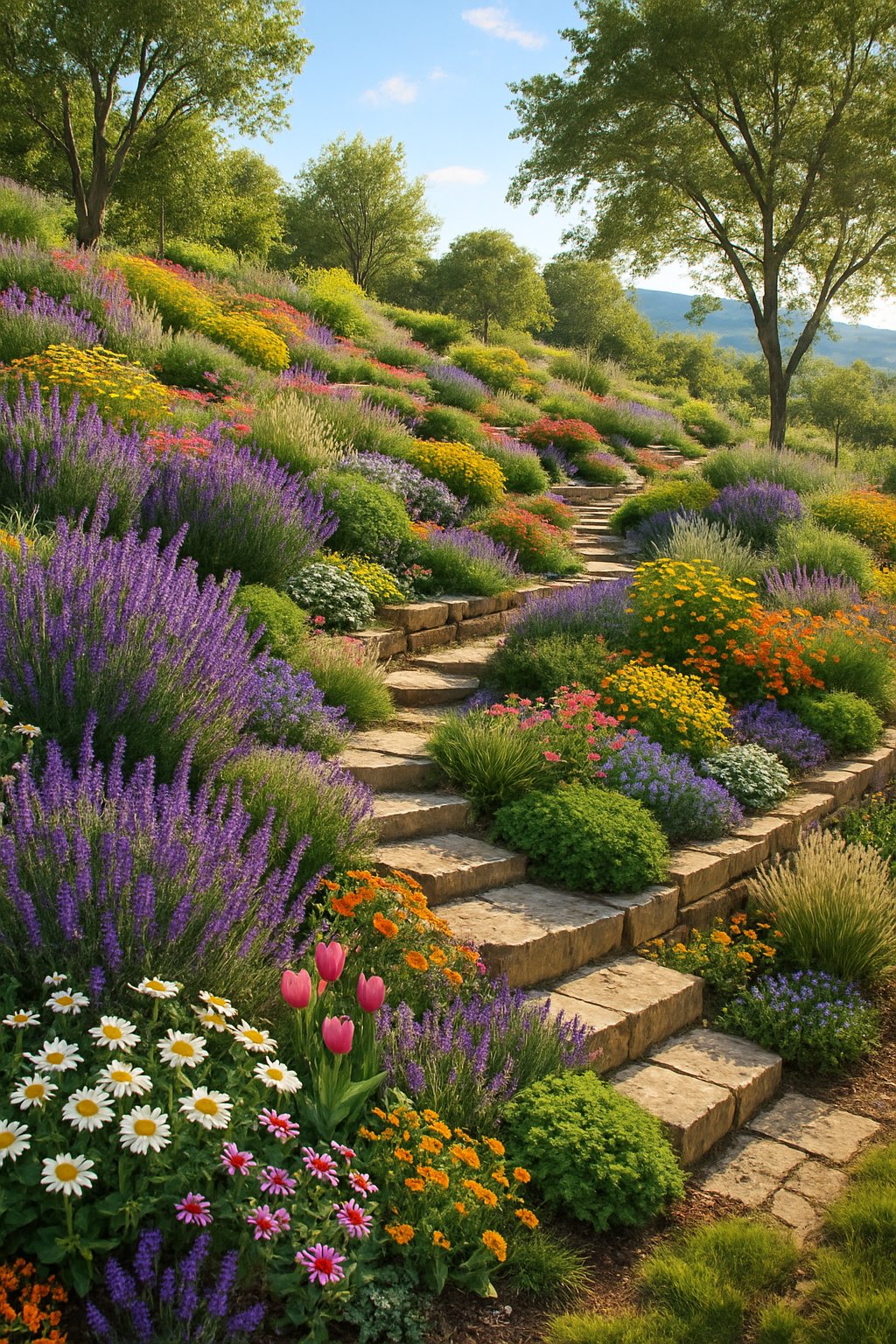 A sloped backyard garden filled with colorful flowering plants, stone terraces, and winding pathways under a clear blue sky.