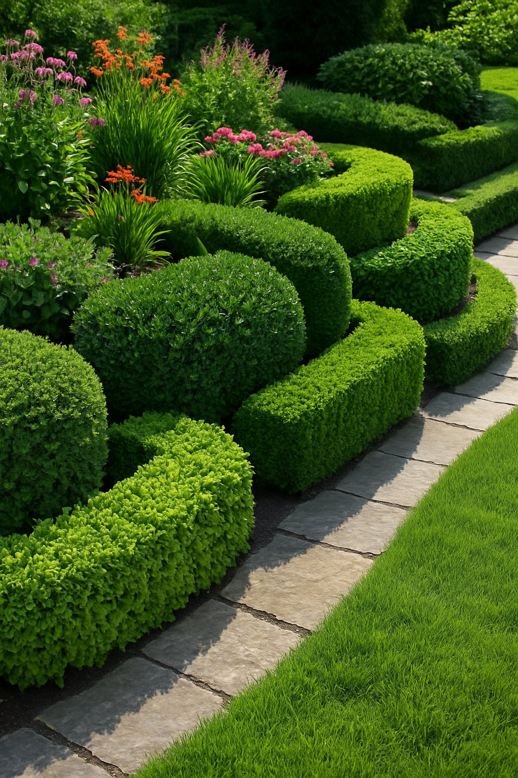 A garden with various low hedge shrubs neatly edging flower beds and pathways, surrounded by grass and colorful plants.