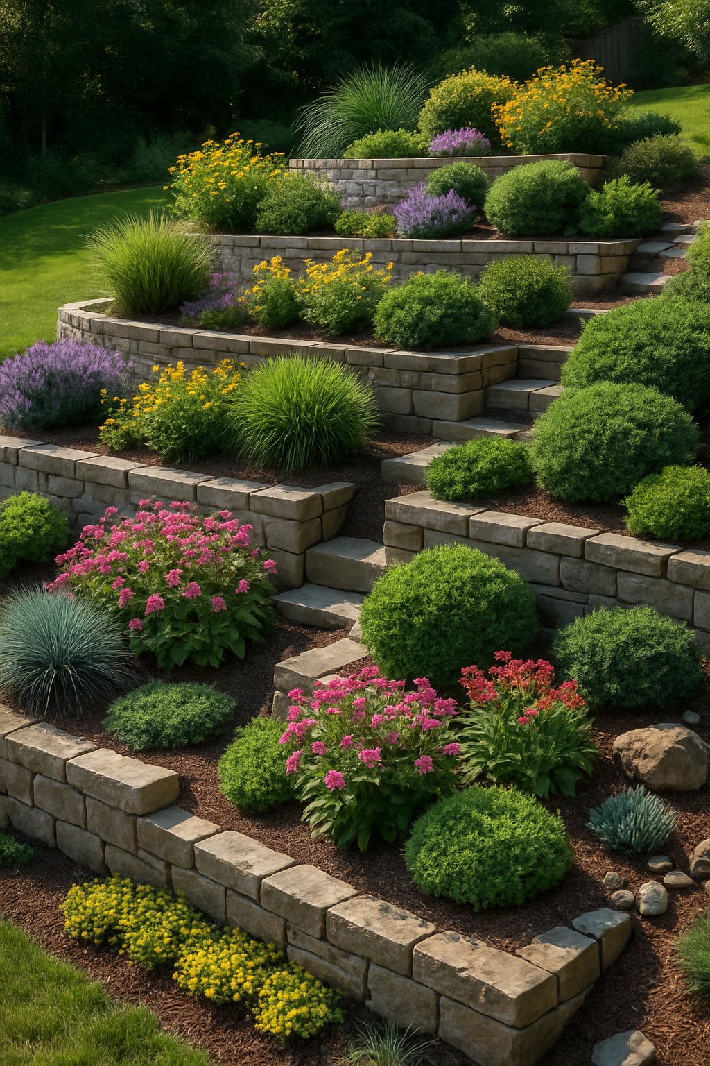 A backyard with tiered planters arranged on a sloped landscape, filled with various plants and flowers creating a cascading garden effect.