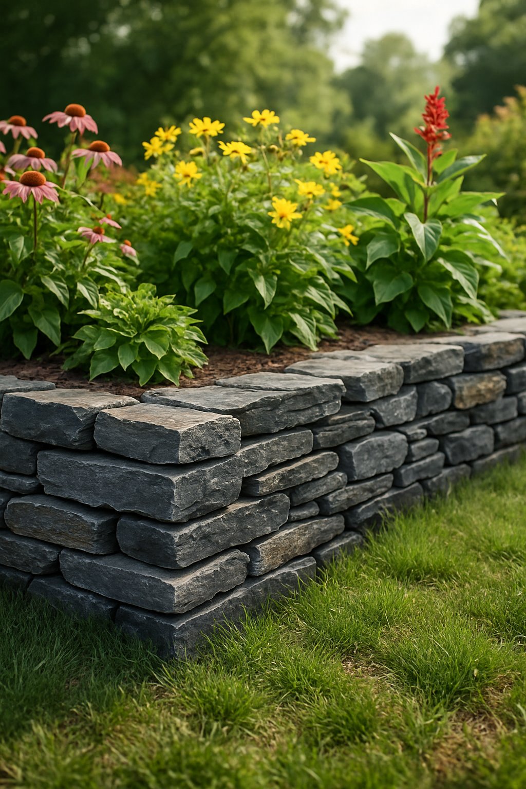 A garden bed bordered by neatly stacked slate rocks with green grass and colorful flowers surrounding it.