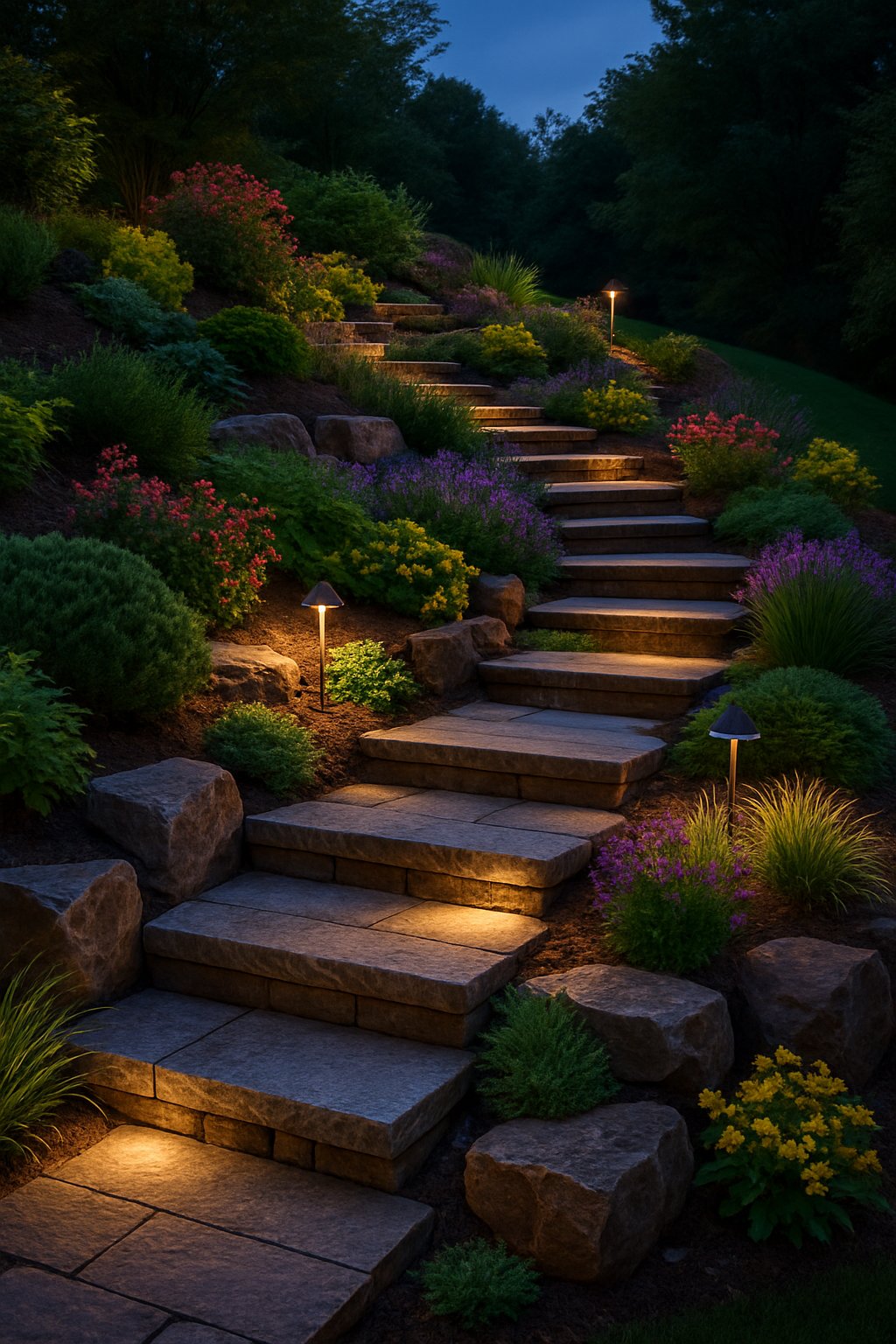 A sloped backyard with stone stairways lit by garden lights surrounded by plants and flowers.