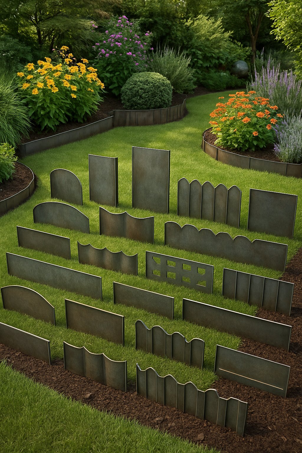 A garden scene displaying 24 different pressed steel garden edging designs surrounding flower beds and grassy areas.