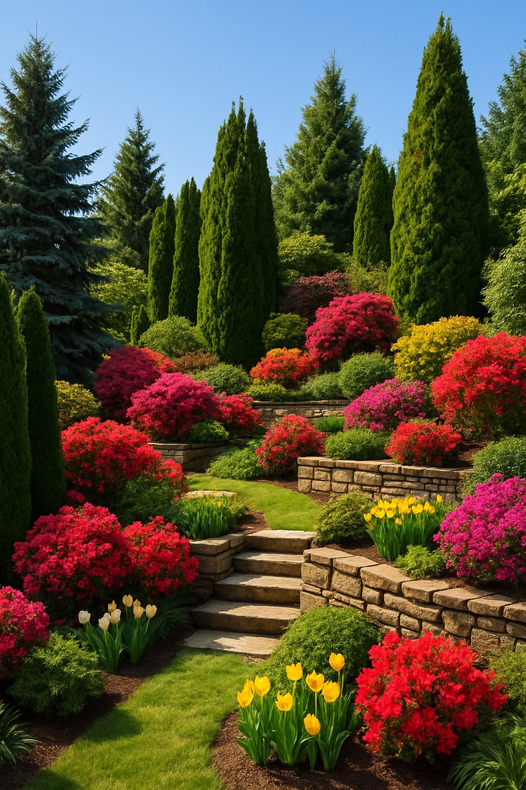 A sloped backyard garden with evergreen trees and colorful seasonal flowers arranged on stone terraces and pathways.