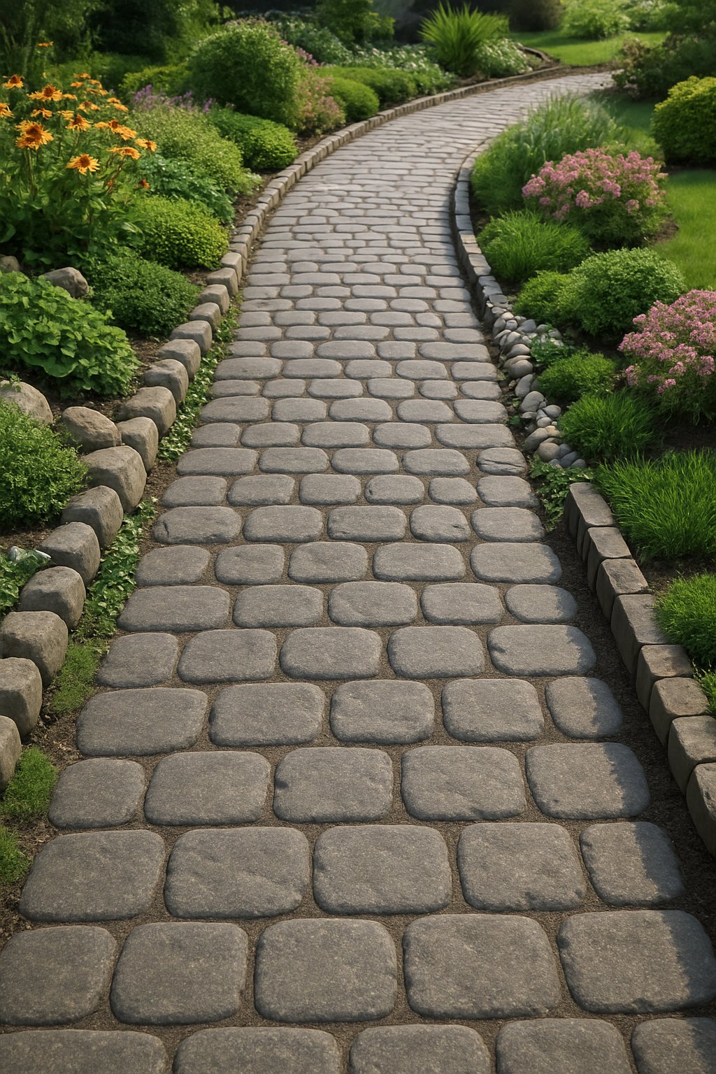 A winding gray cobblestone path bordered by various garden edging styles surrounded by flowers, grass, and shrubs in a garden setting.
