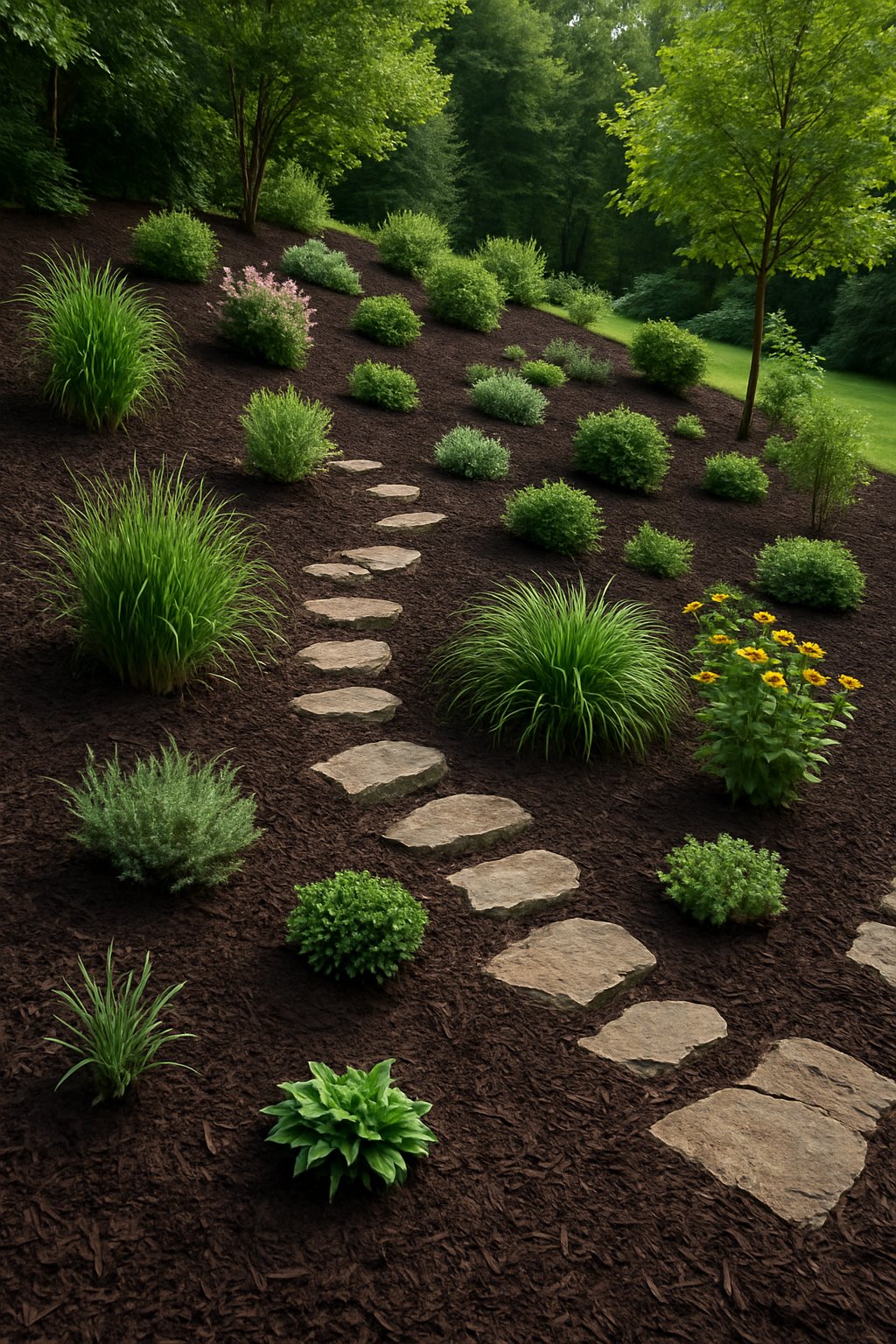 A sloped backyard garden with plants and shrubs surrounded by dark mulch, stone pathways, and lush greenery.