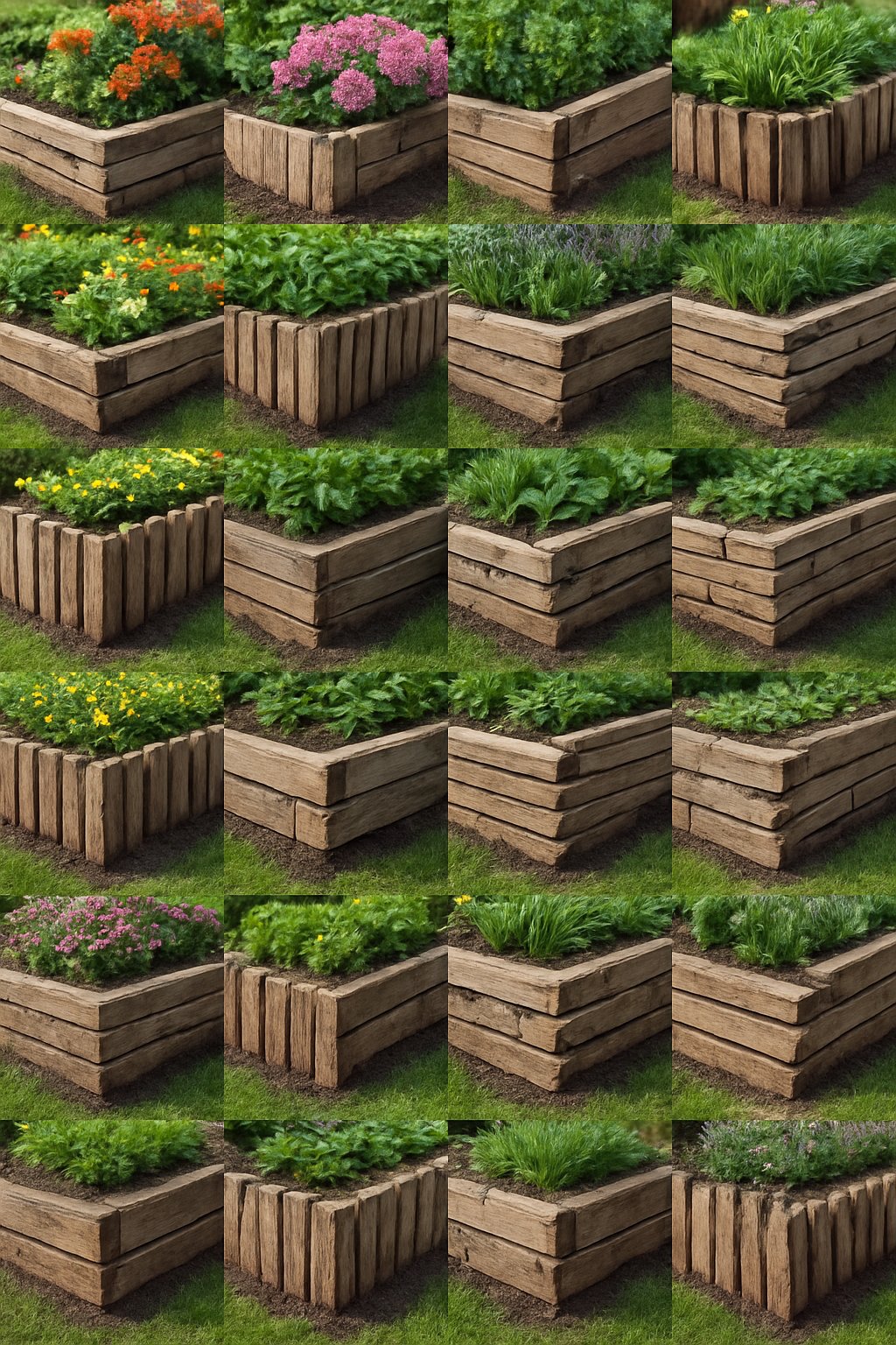 A garden scene displaying multiple designs of garden edging made from upcycled pallet wood surrounding flower beds and greenery.