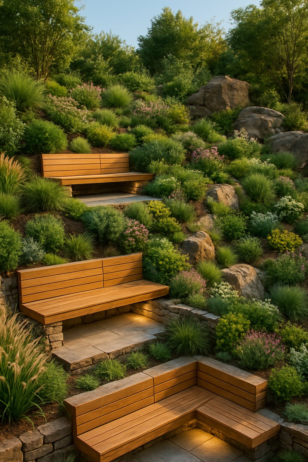 A backyard with sloped landscaping featuring flat platforms with wooden benches, surrounded by plants and stone retaining walls.