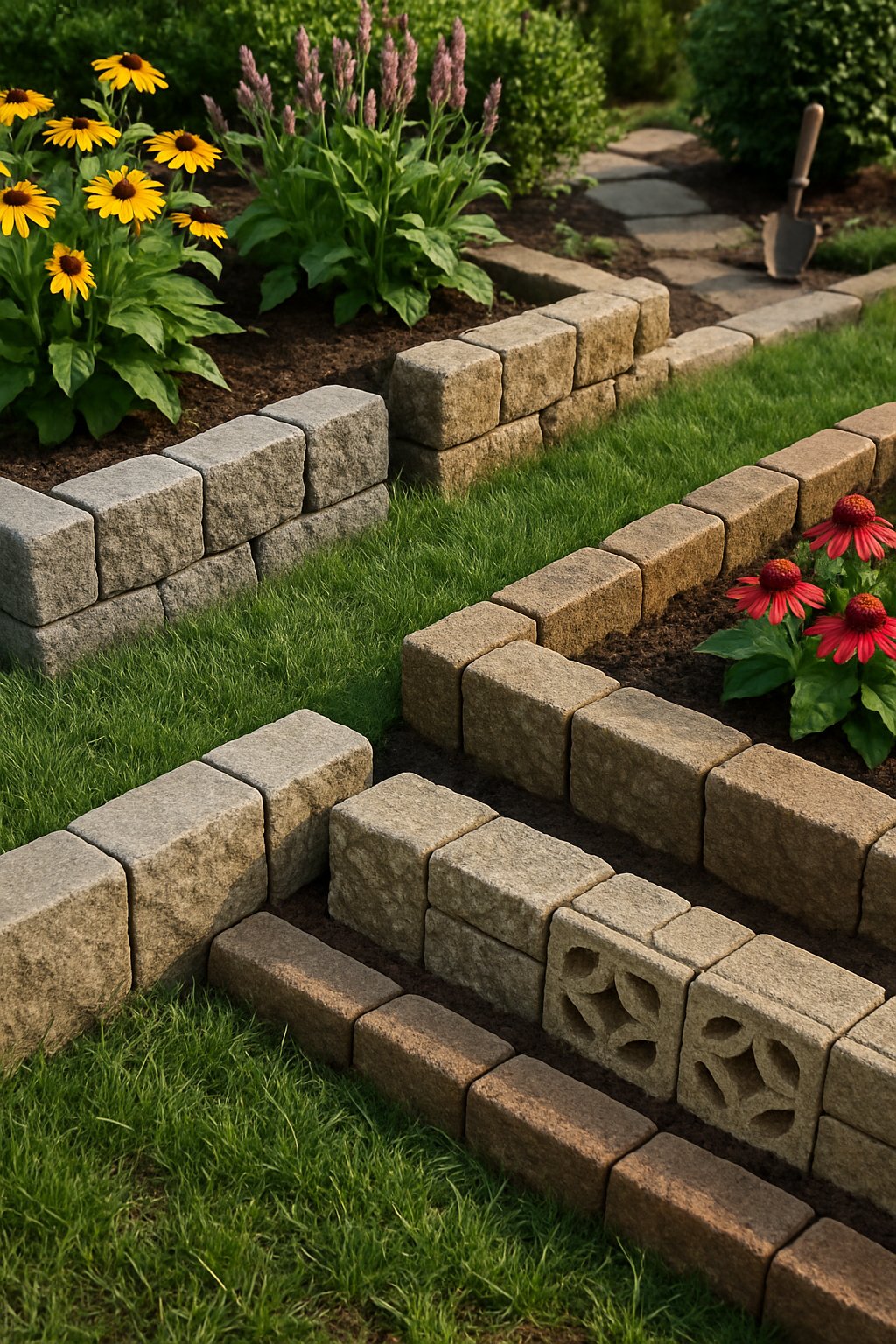 A garden with various masonry block borders edging flower beds and pathways, surrounded by green grass and colorful plants.