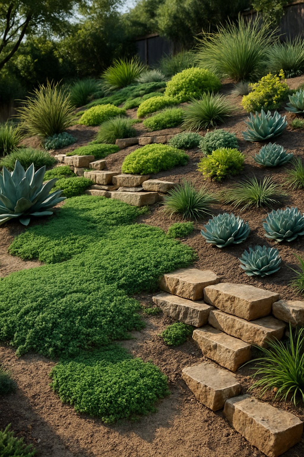 A sloped backyard landscaped with drought-resistant ground cover plants, including succulents and grasses, with natural stone terraces and soil visible.