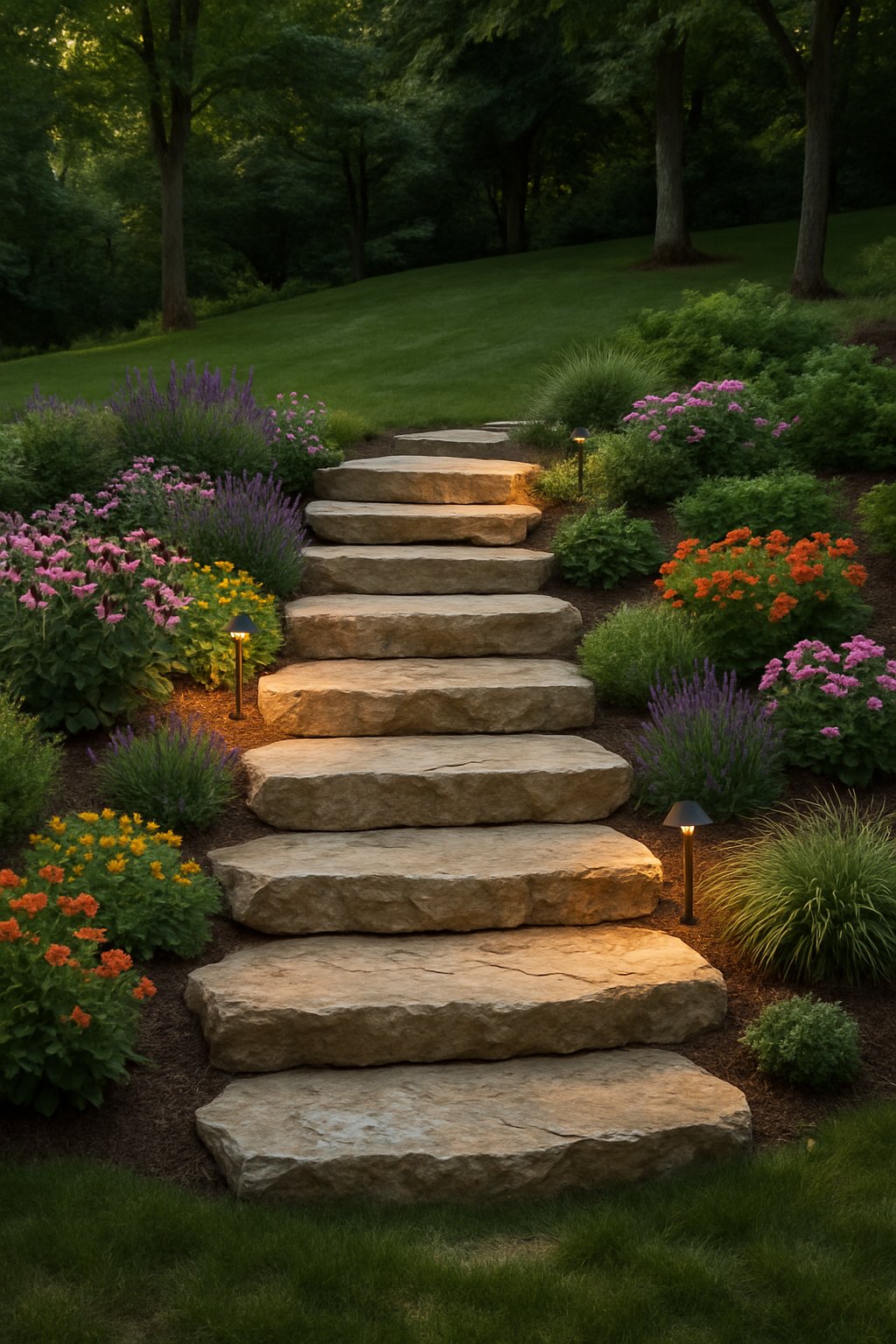 A backyard with stone steps flanked by flower beds on both sides, surrounded by green grass and trees.