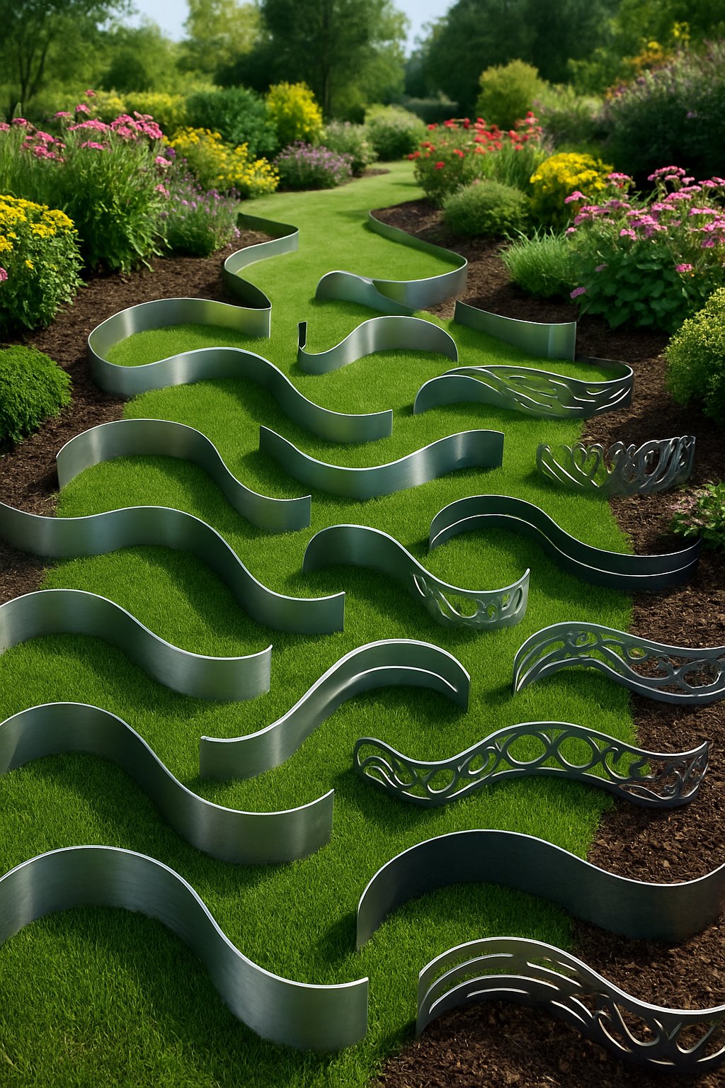 A garden scene featuring 24 different curved metal edging designs placed among green grass and colorful flower beds.