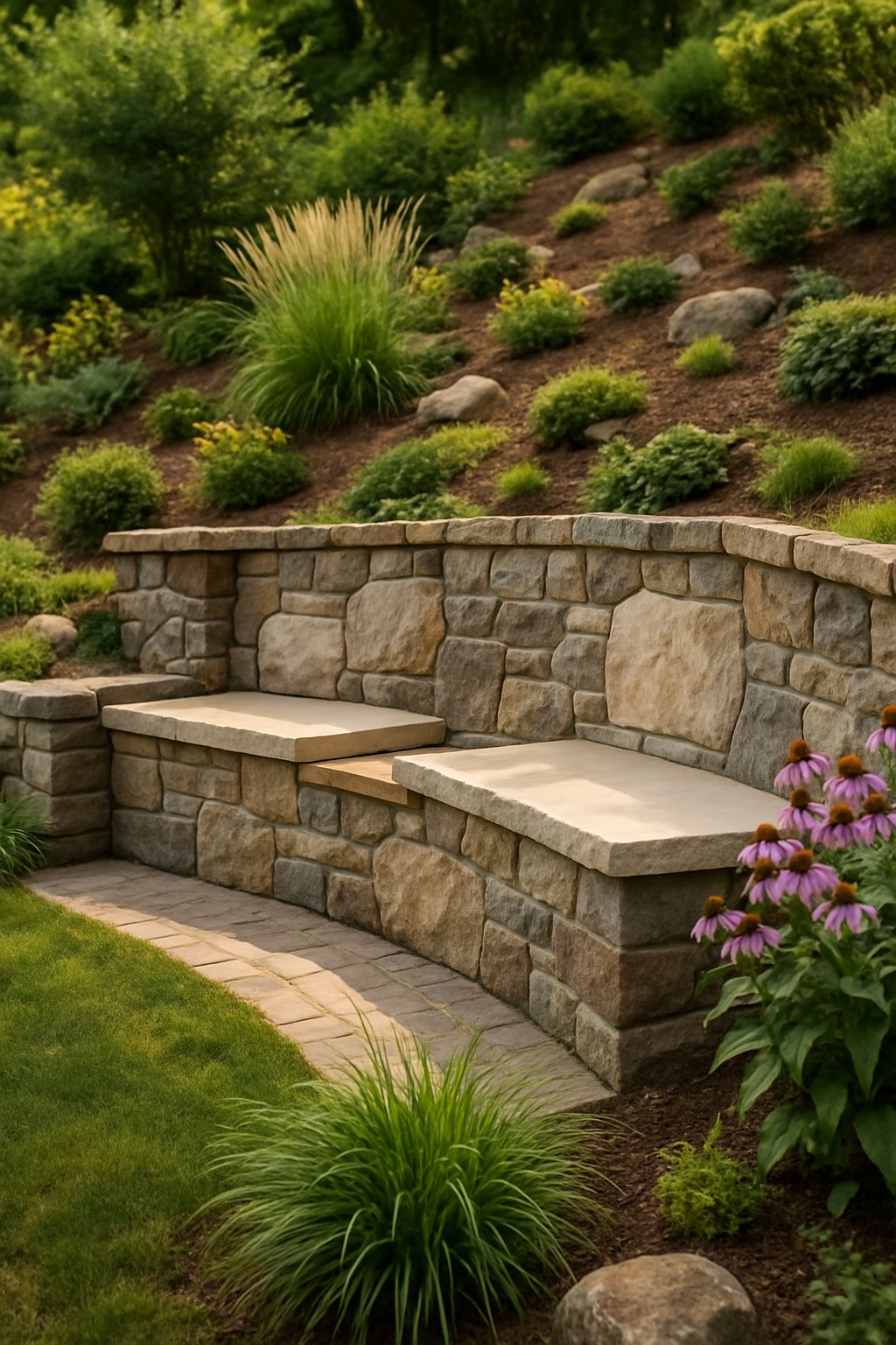 A backyard with a sloped landscape featuring a natural stone retaining wall that includes built-in seating, surrounded by plants and flowers.