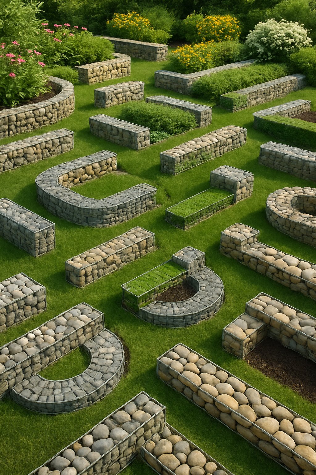 A garden with various stone-filled gabion baskets used as edging around plants and grass.