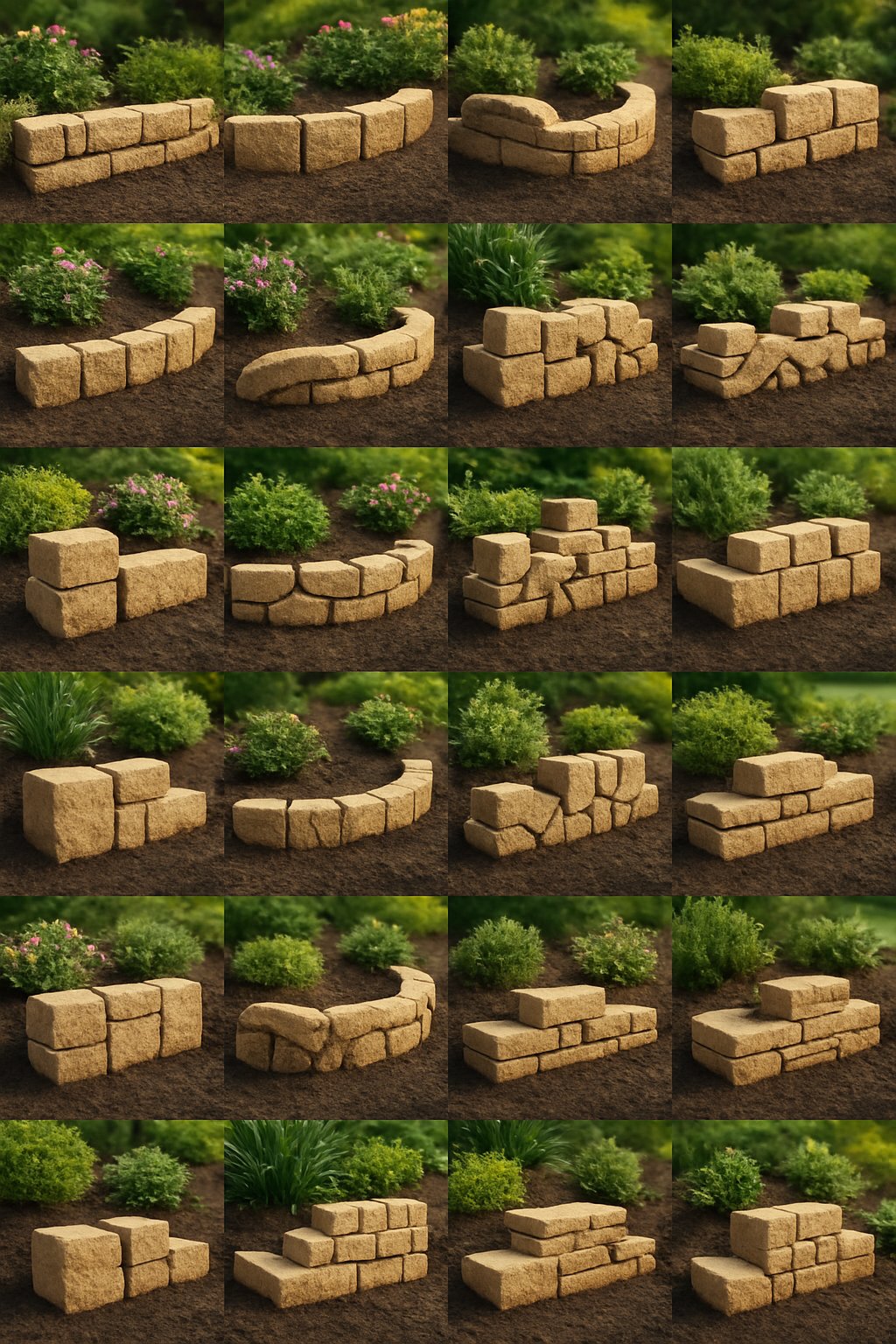 A garden scene showing various sandstone block designs used as edging around flower beds and plants.