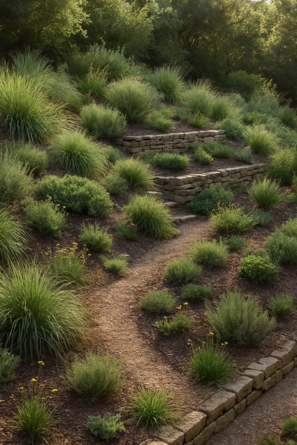A sloped backyard garden filled with native grasses, wildflowers, and terraced stone walls creating a natural and inviting outdoor space.
