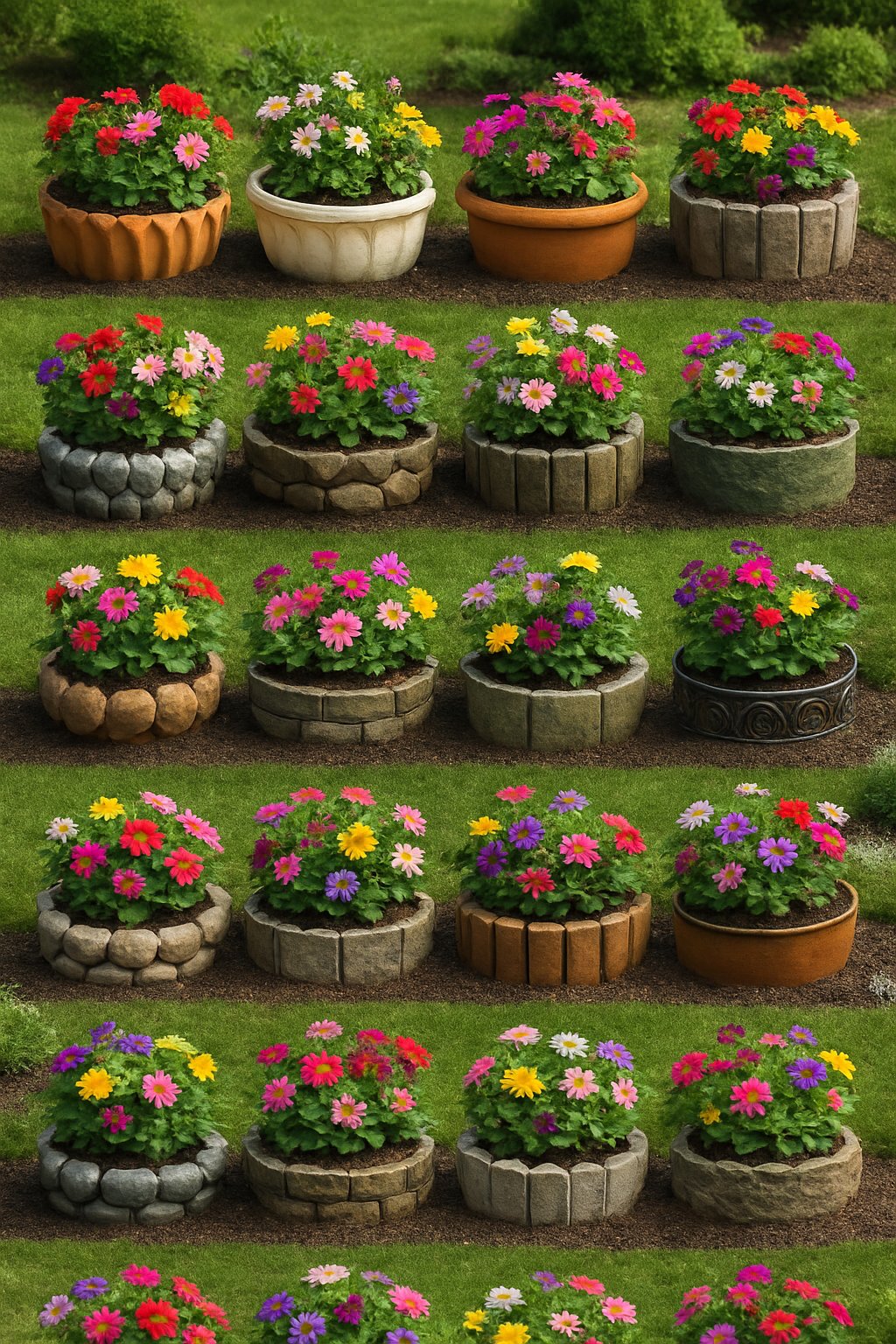 A garden scene displaying 24 different flower pot border edging designs with various materials and colorful blooming flowers arranged along a garden path.