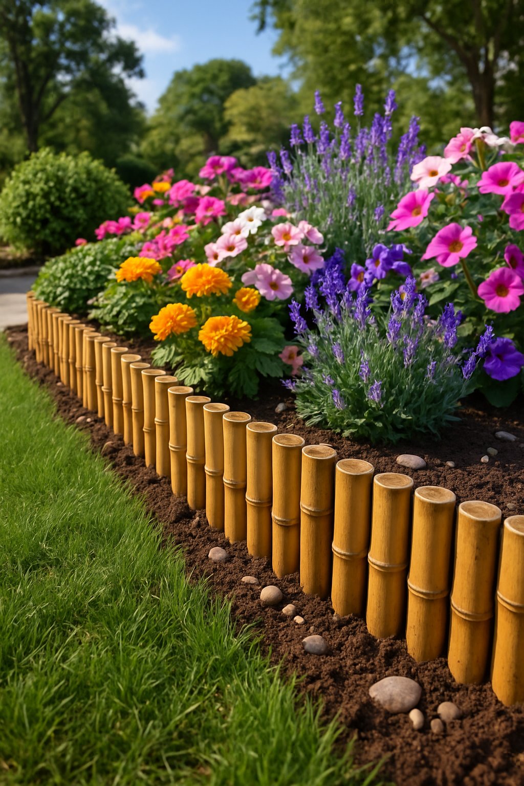 A garden with bamboo stake edging separating green grass from colorful flower beds under a clear sky.