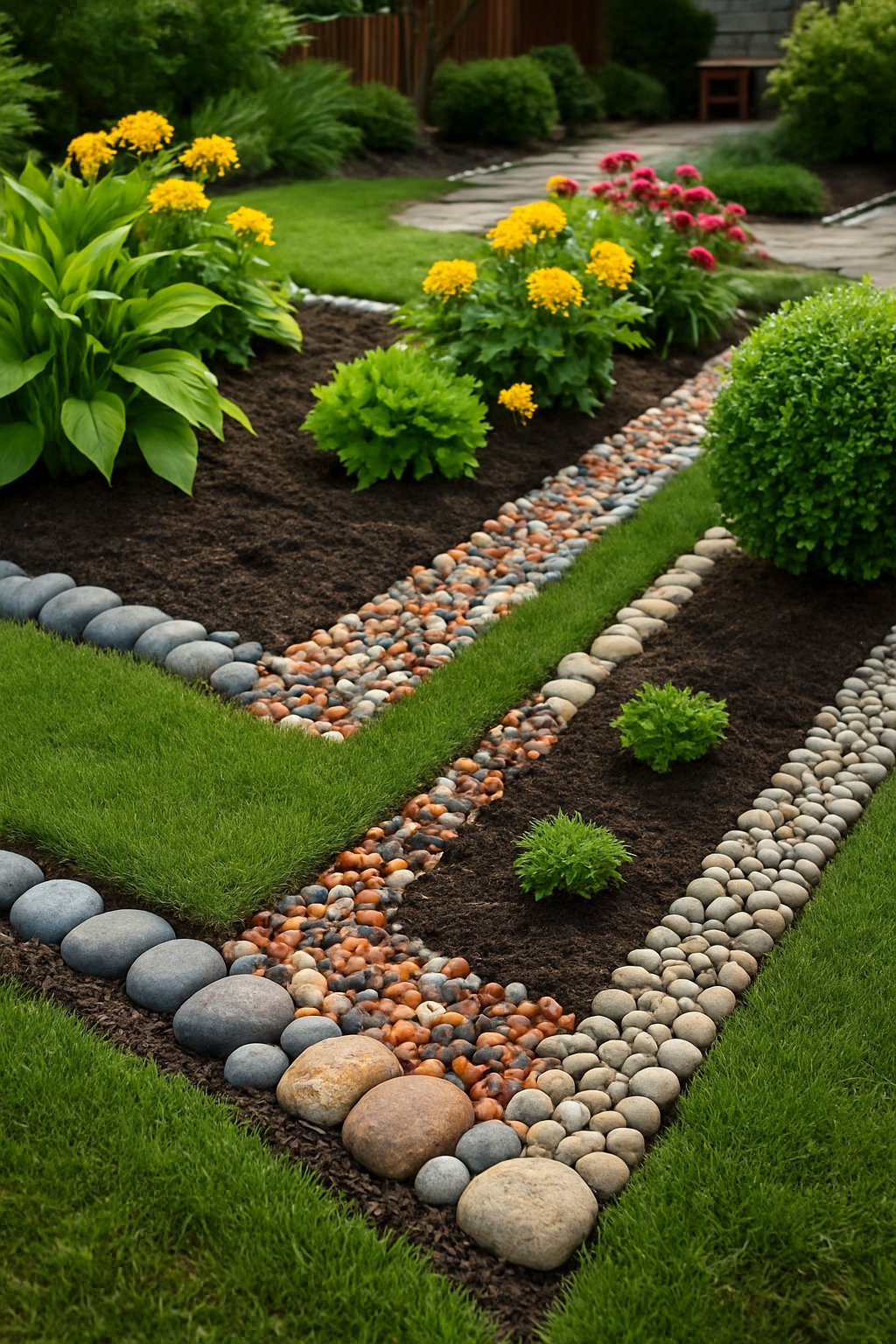 A garden with multiple beds bordered by different styles of decorative gravel edging, featuring green plants and colorful flowers.