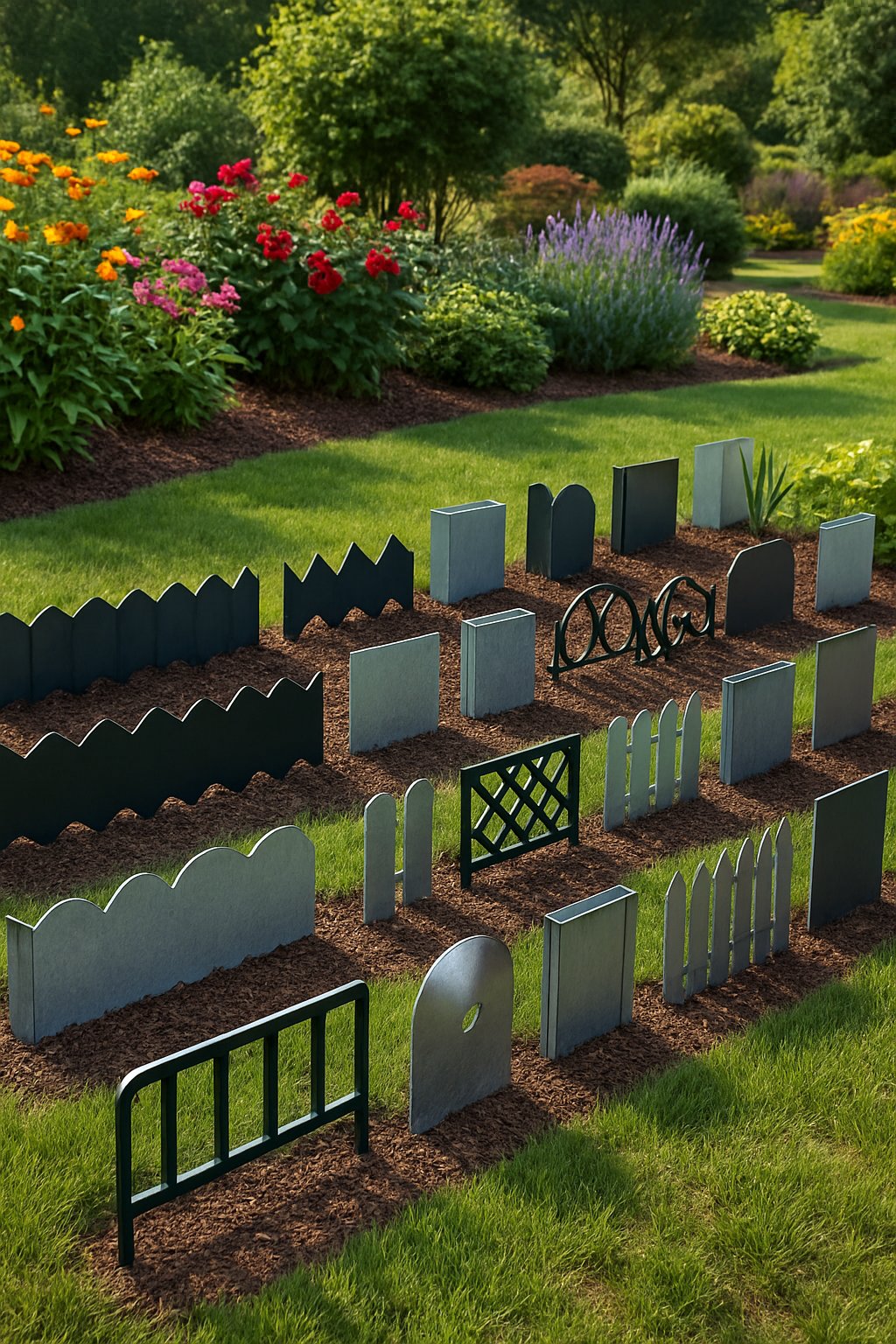 A garden scene featuring 24 different steel lawn edging fences installed along flower beds and green grass, showing various designs and finishes.