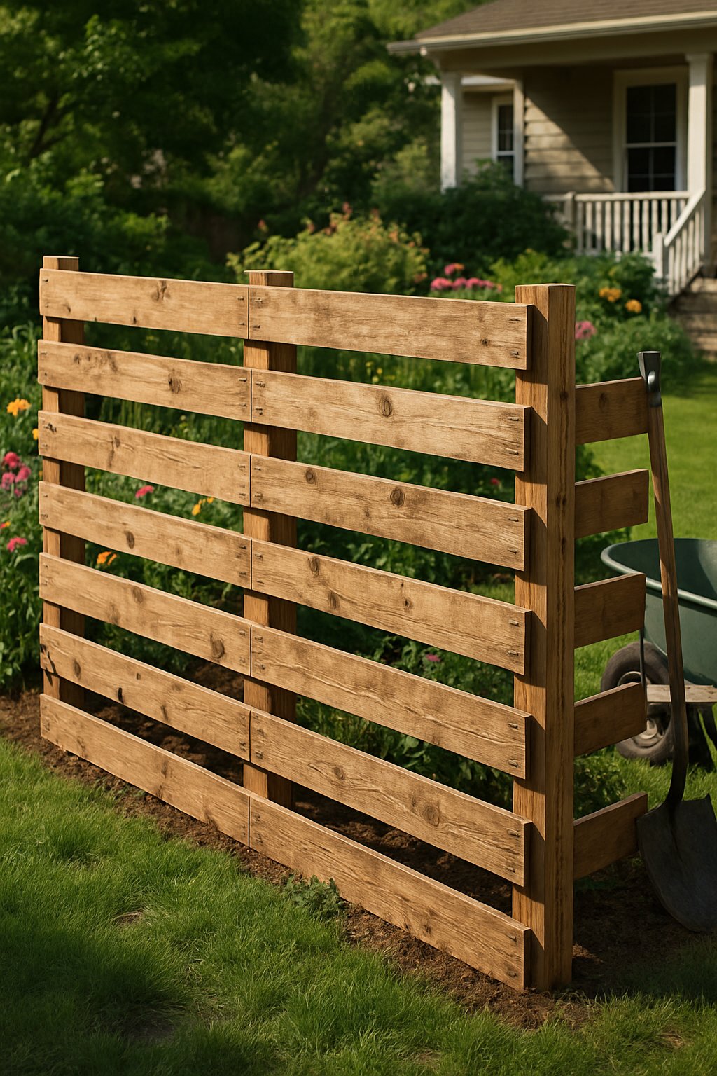 A wooden pallet fence in a backyard garden with green grass, flowers, and a house in the background.
