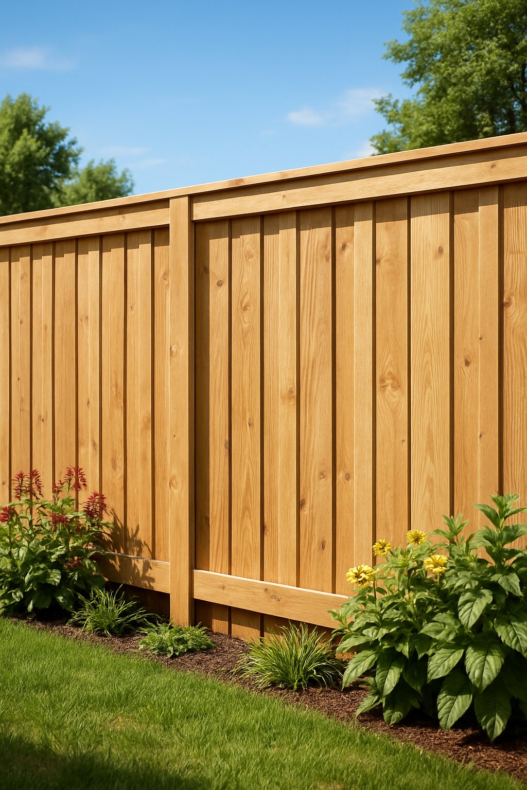 A wooden board and batten fence along a green garden with plants and a clear blue sky in the background.