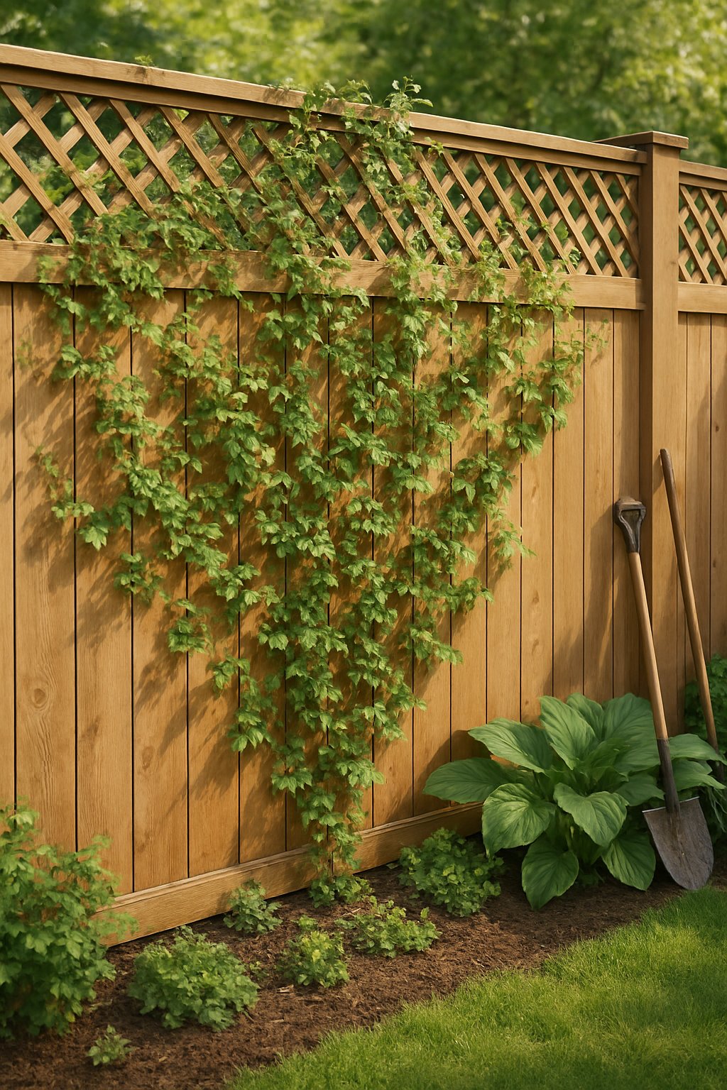 A wooden board and lattice fence covered with green climbing plants in a backyard garden.