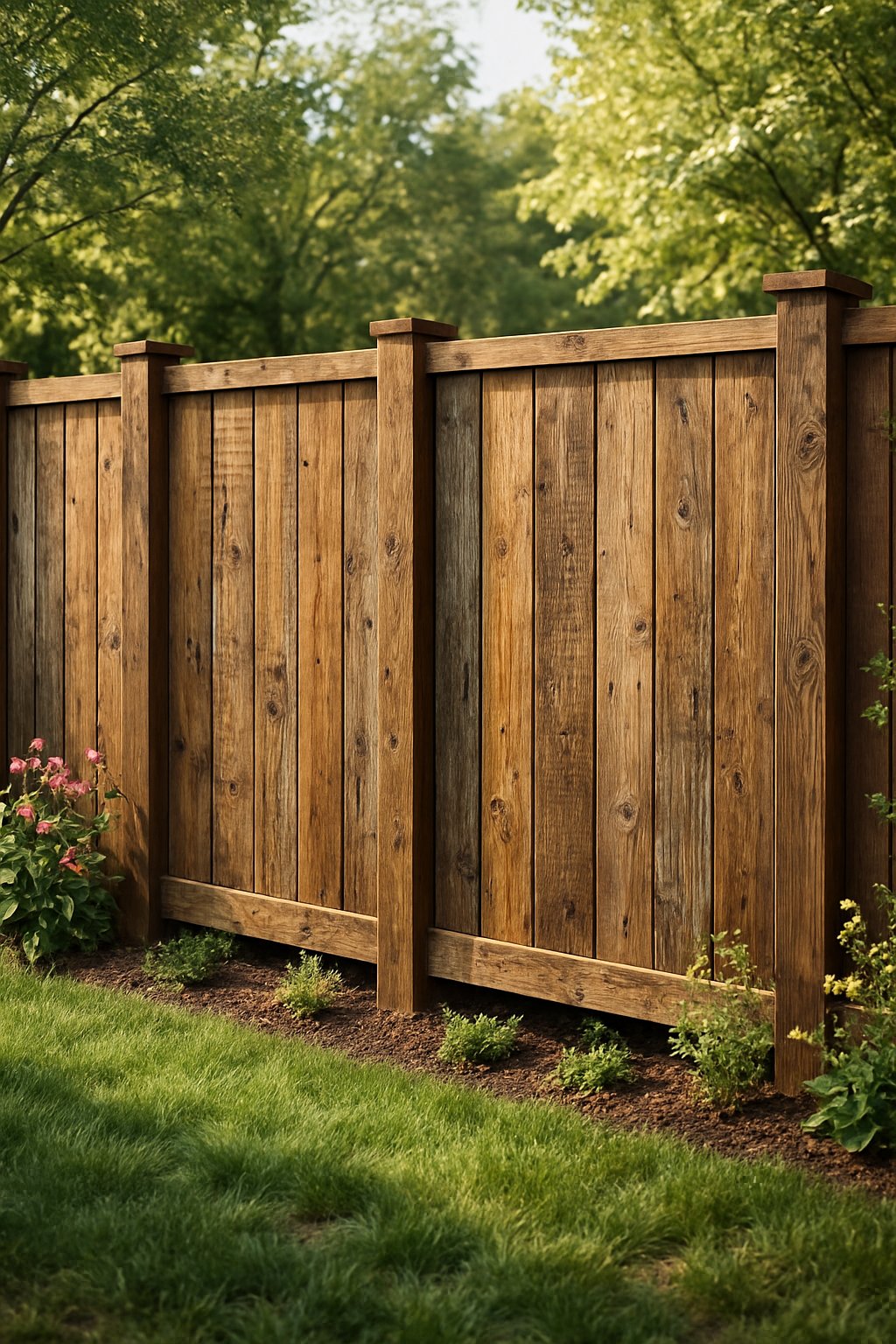 A backyard with a privacy fence made of recycled wood surrounded by grass and flowering plants.