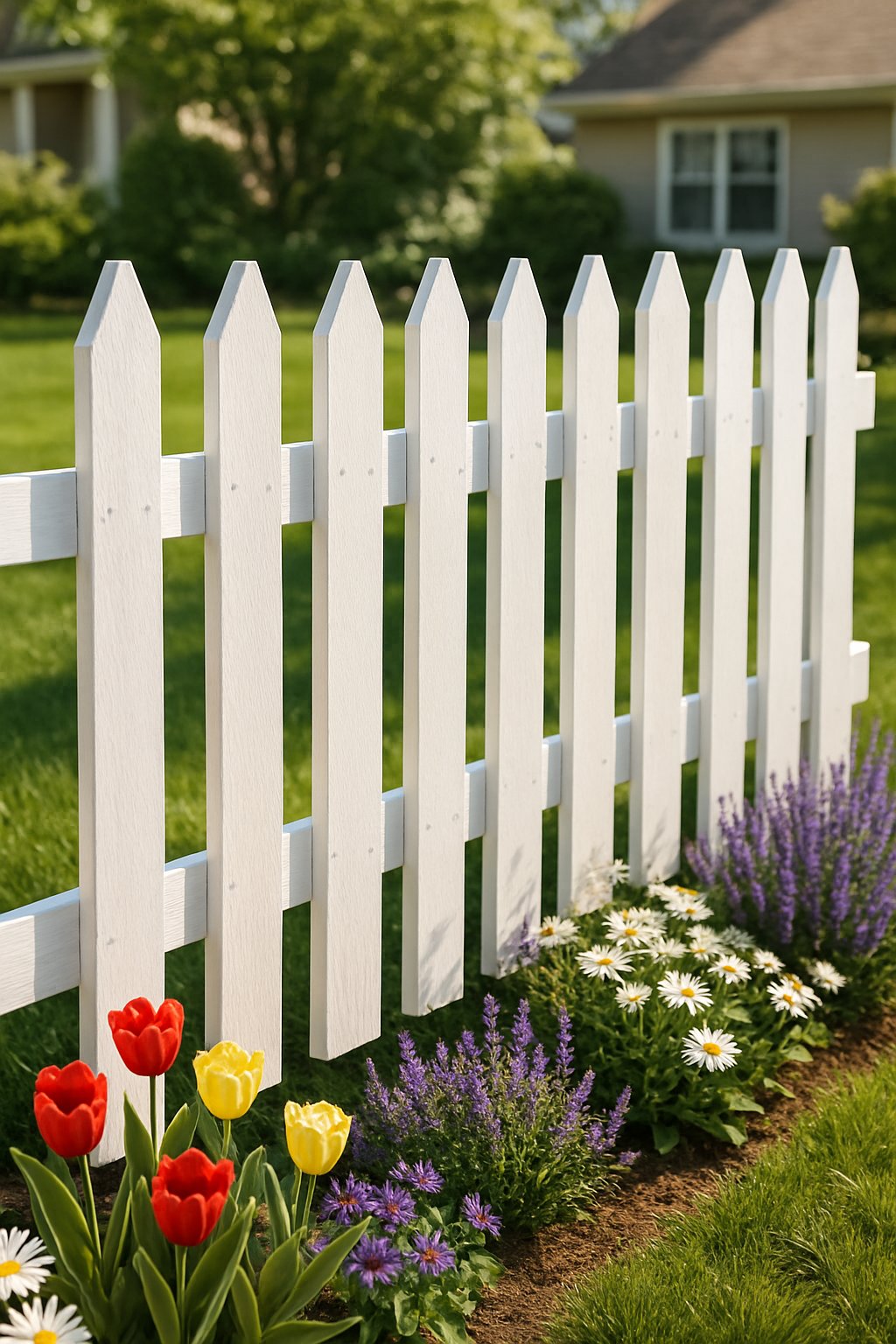 A white painted picket fence in a sunny garden with green grass and colorful flowers.