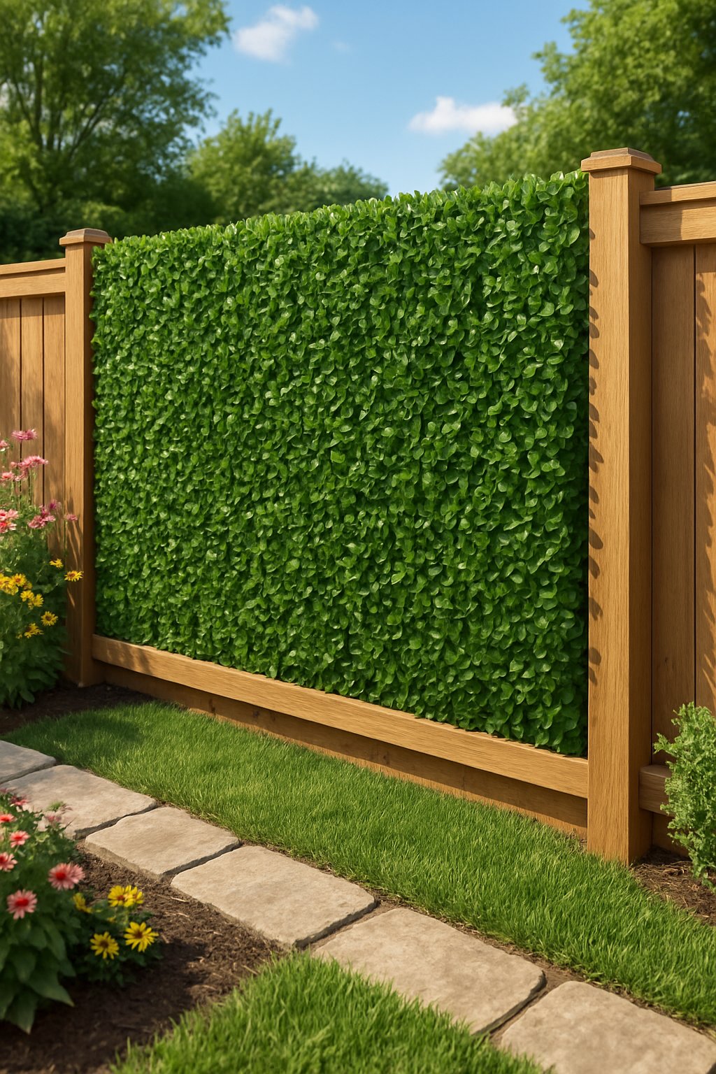 A backyard scene featuring a green faux hedge fence with wooden posts surrounded by flowers, grass, and a stone pathway.
