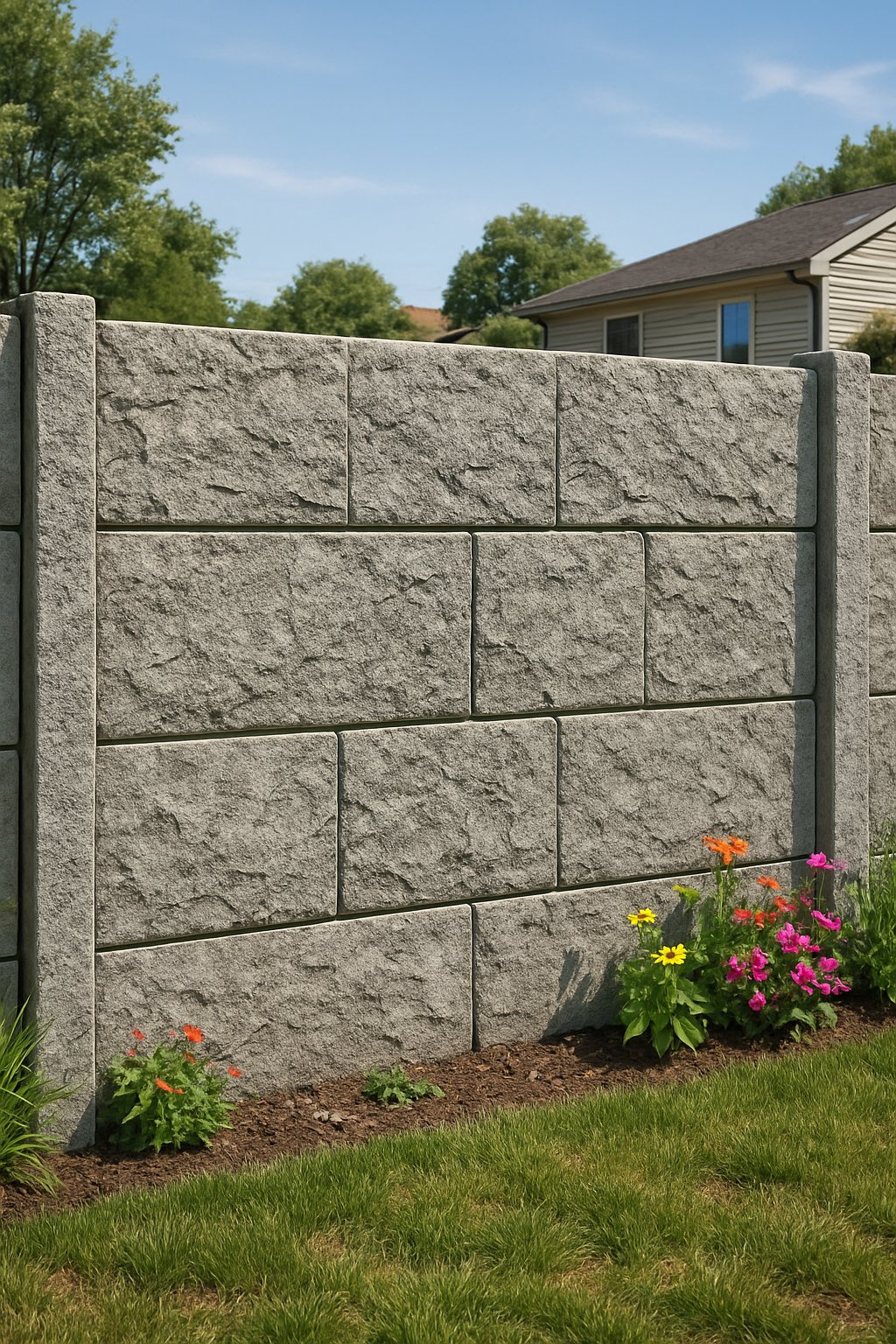 A low concrete textured fence surrounding a small garden with grass and flowers, next to a suburban house under a clear sky.