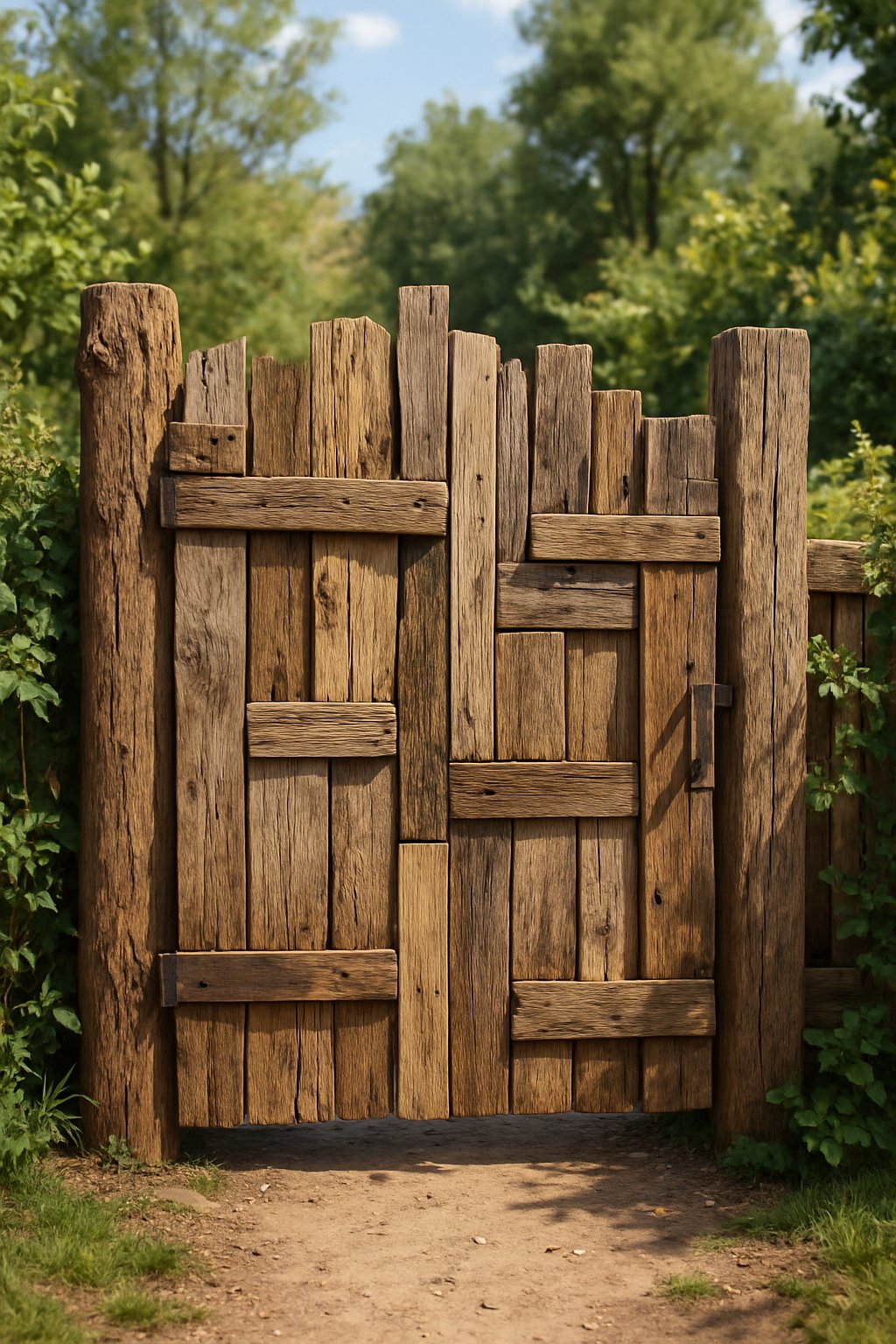 A decorative garden gate made from various pieces of scrap wood, forming a rustic fence entrance surrounded by greenery.