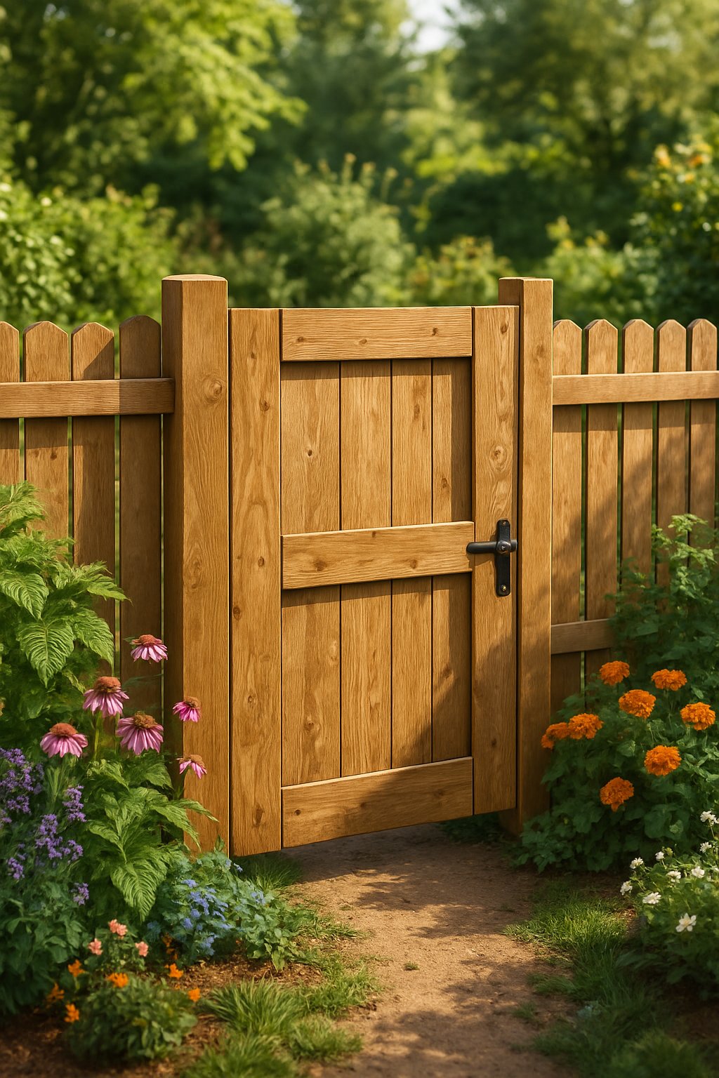 A wooden garden gate set in a matching wooden fence surrounded by green plants and flowers.