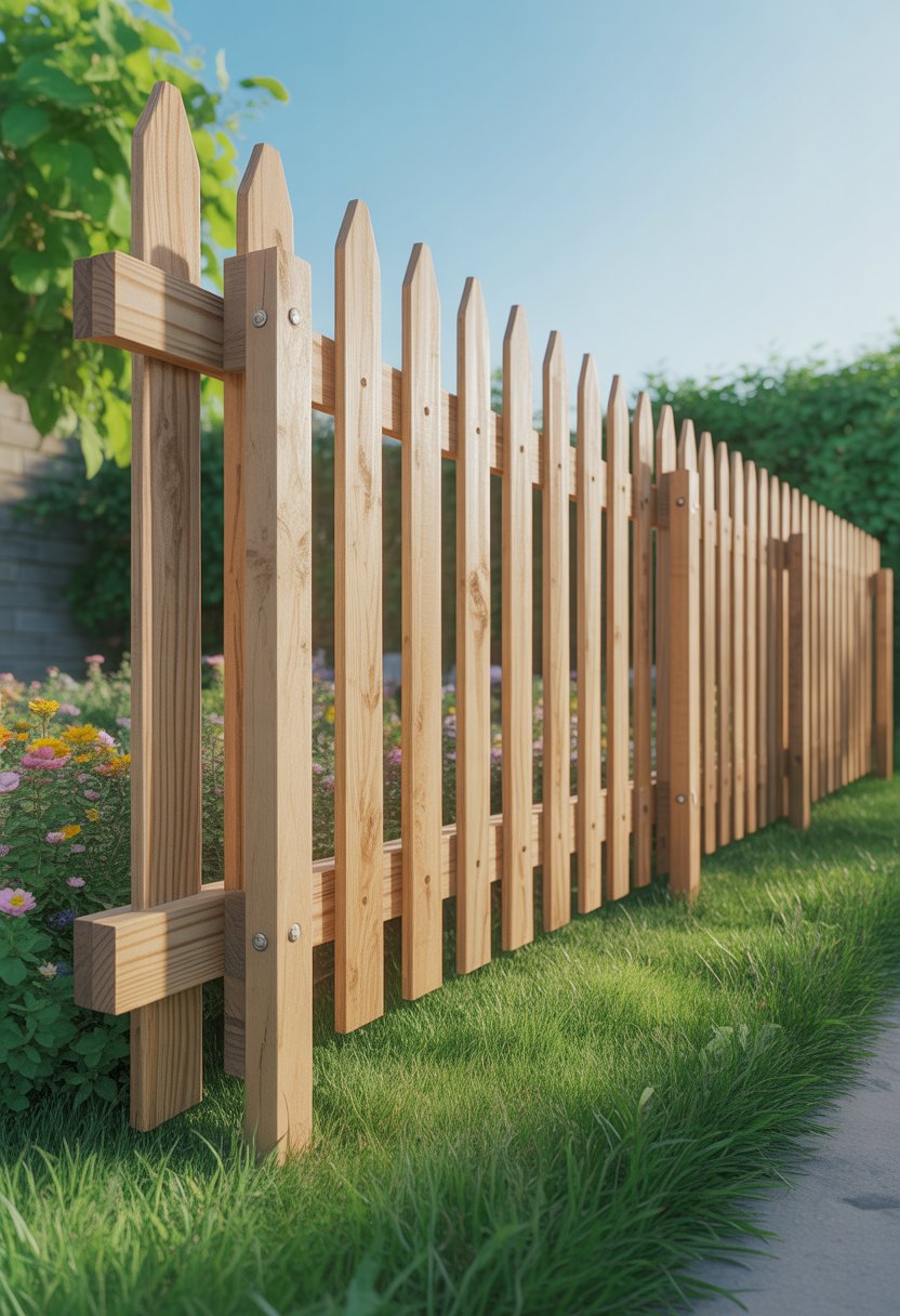 A wooden fence made from vertical pickets and stakes in a sunny garden with green grass and flowers.